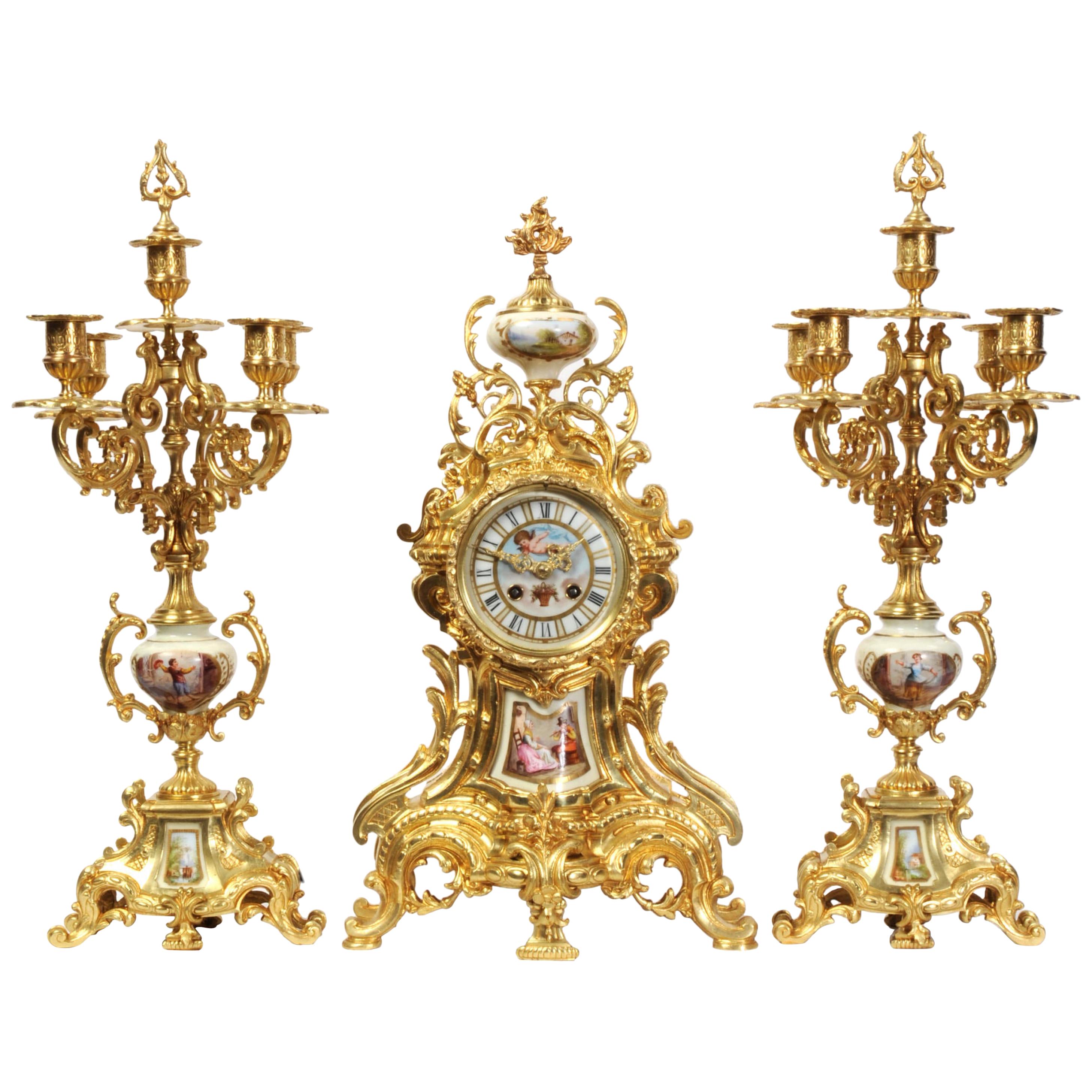 Large Ormolu and Sèvres Porcelain Rococo Antique Clock Set