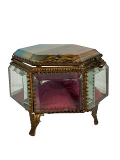 Large Ormolu & Glass Souvenir Trinket Jewelry Box, Deauville France, circa 1900s