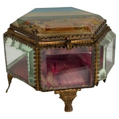 Large Ormolu & Glass Souvenir Trinket Jewelry Box, Deauville France, circa 1900s