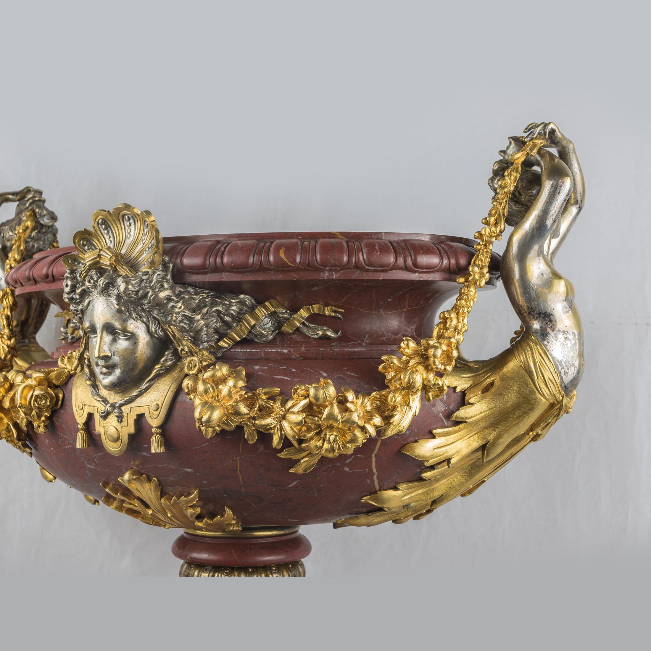 French Large Ormolu-Mounted and Silvered-Bronze and Rouge Griotte Marble Centerpiece For Sale