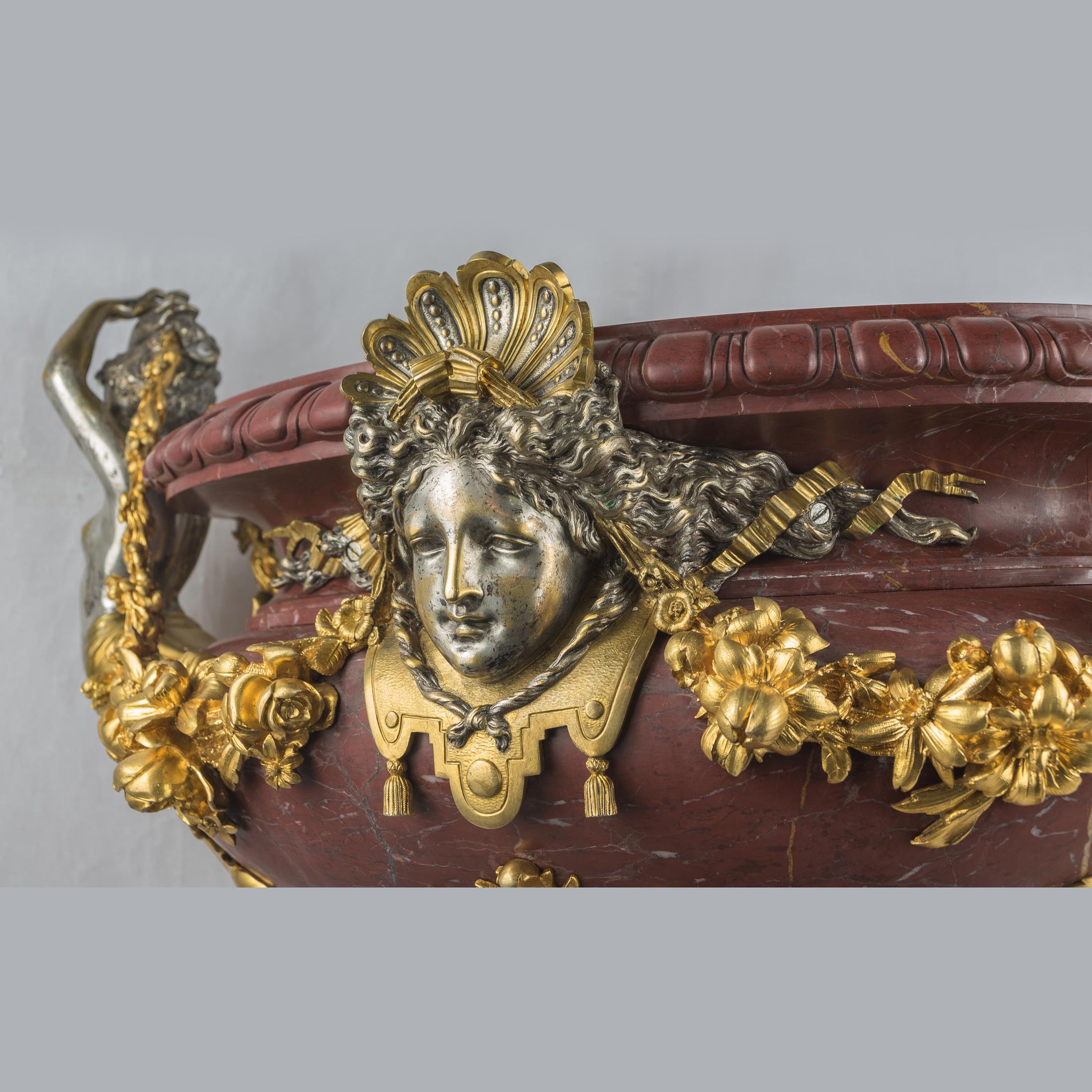 Gilt Large Ormolu-Mounted and Silvered-Bronze and Rouge Griotte Marble Centerpiece For Sale