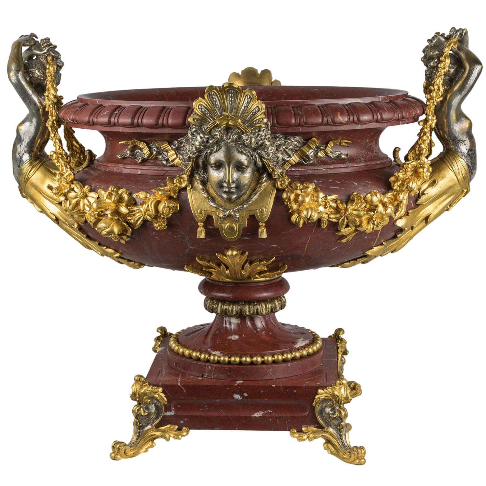 Large Ormolu-Mounted and Silvered-Bronze and Rouge Griotte Marble Centerpiece For Sale