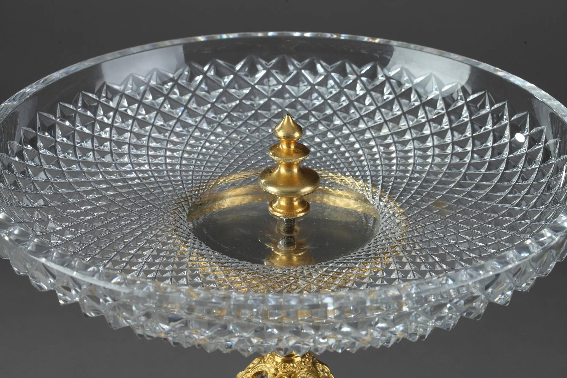 A 20th century cut crystal and gilt bronze dish in Renaissance taste. The circular cup is decorated with cut-diamond patterns. It is set on a baluster-shaped stem that is embellished with gilt bronze pearls and floral motifs,

circa