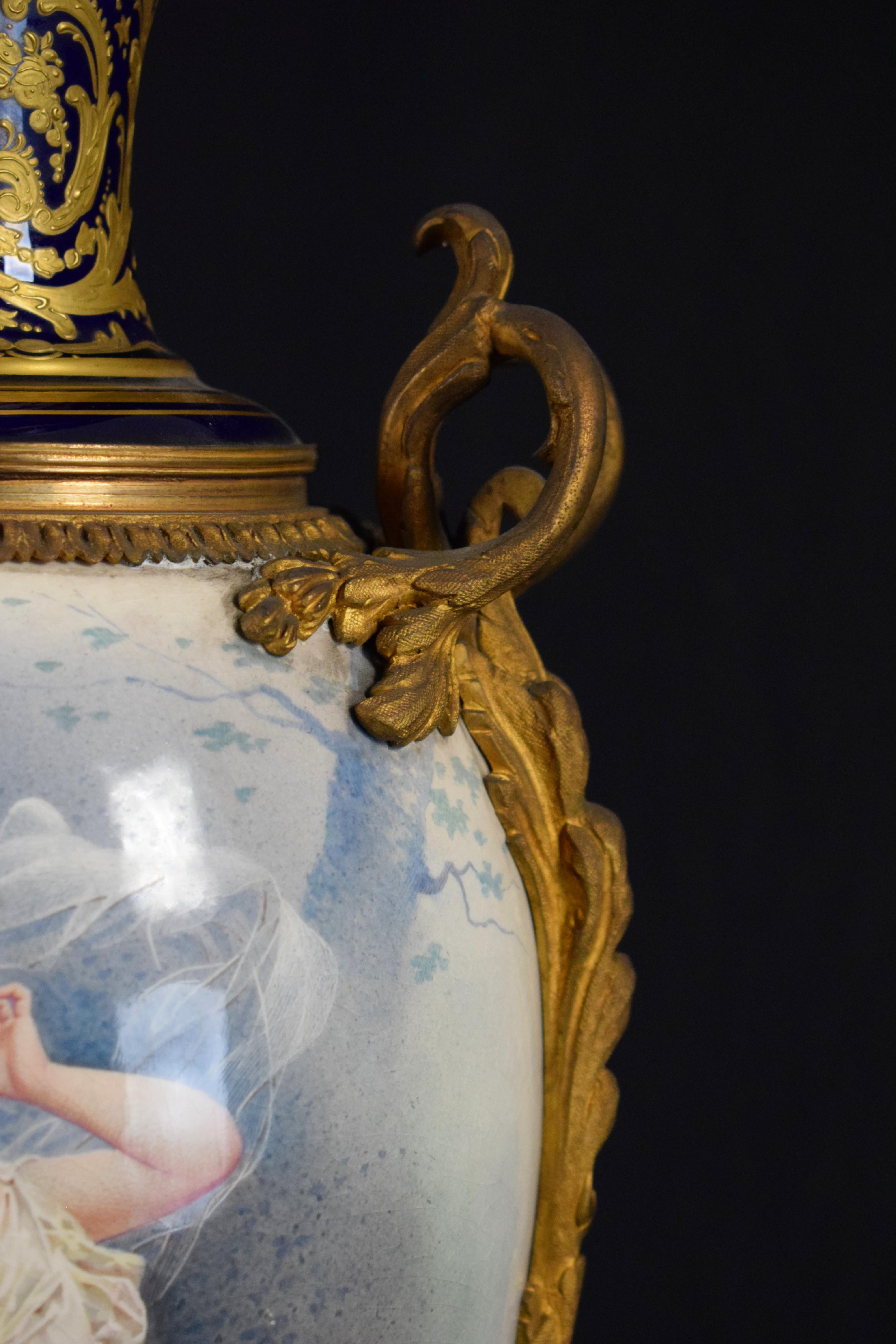 Napoleon III Large Ormolu-Mounted Sèvres Stile Porcelain Cobalt-Blue Vase and Cover