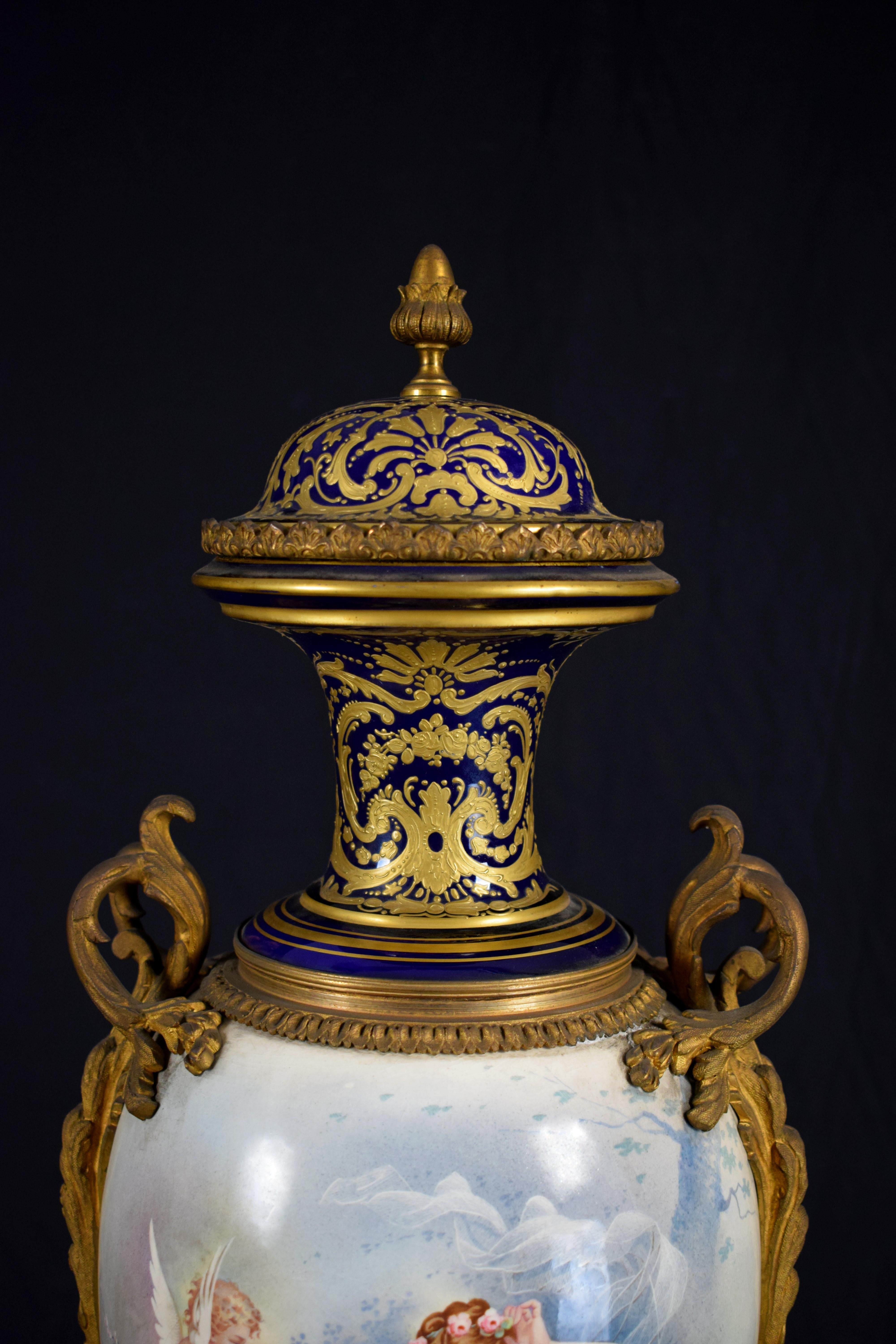 French Large Ormolu-Mounted Sèvres Stile Porcelain Cobalt-Blue Vase and Cover