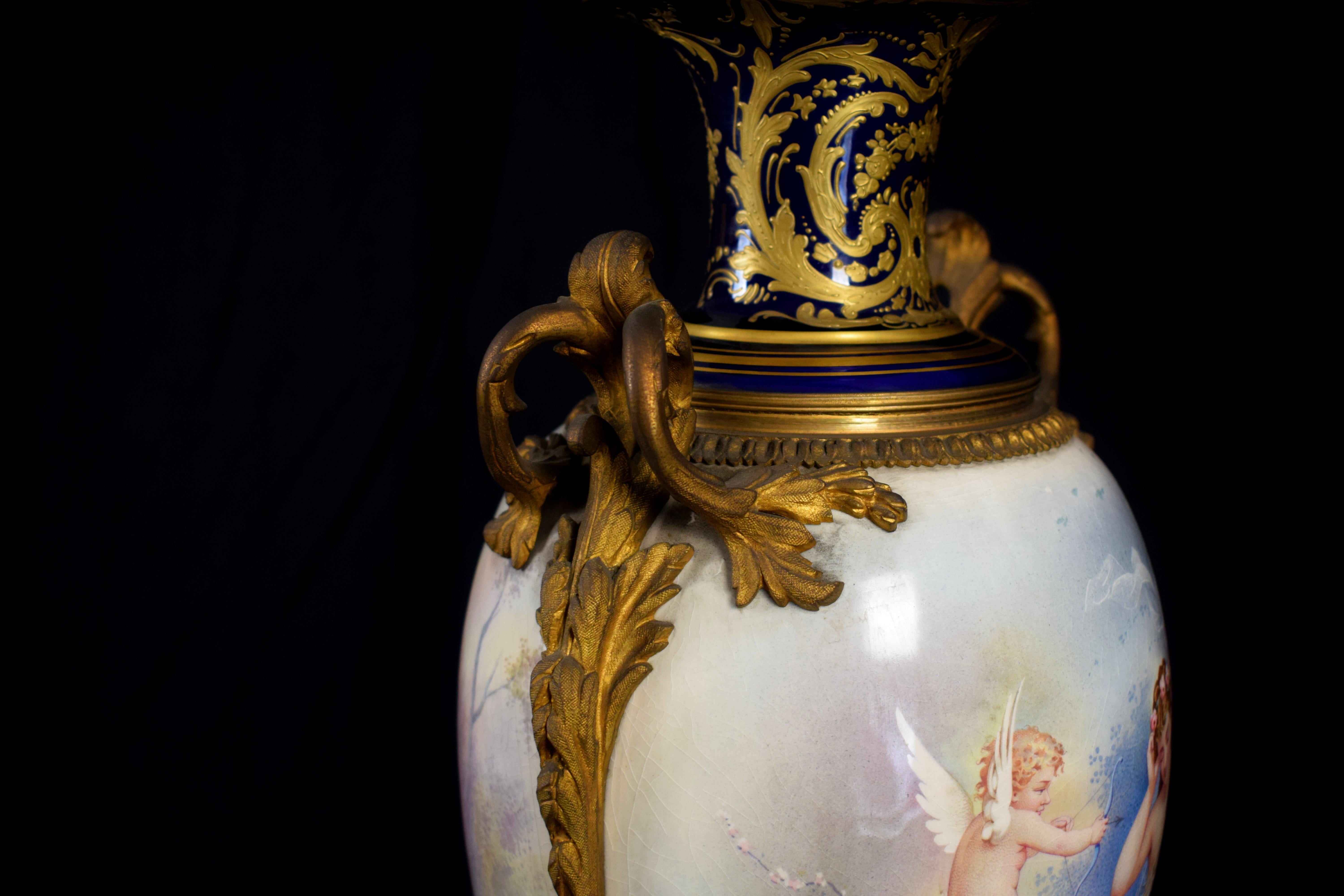 19th Century Large Ormolu-Mounted Sèvres Stile Porcelain Cobalt-Blue Vase and Cover
