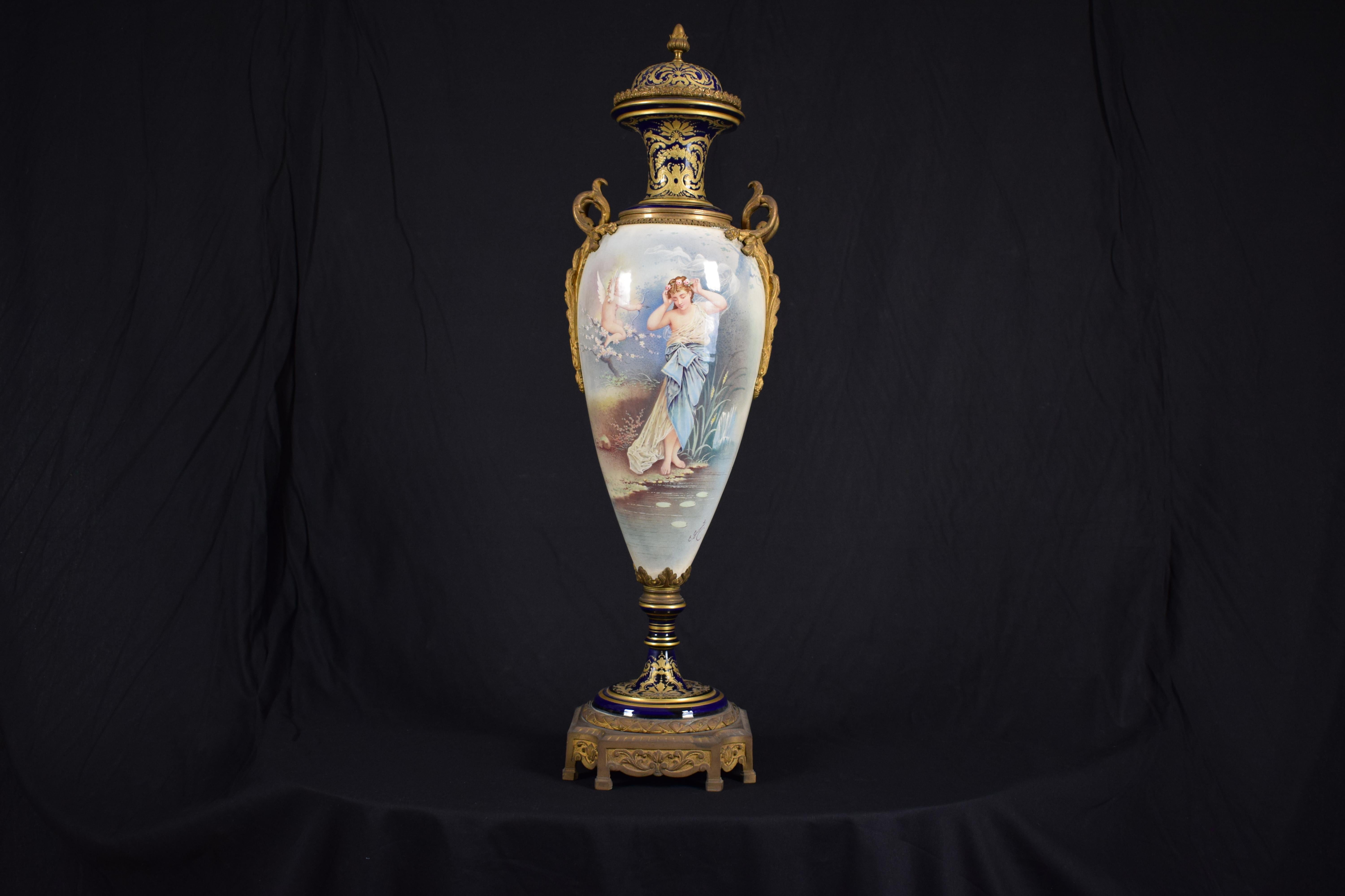 Large Ormolu-Mounted Sèvres Stile Porcelain Cobalt-Blue Vase and Cover 2