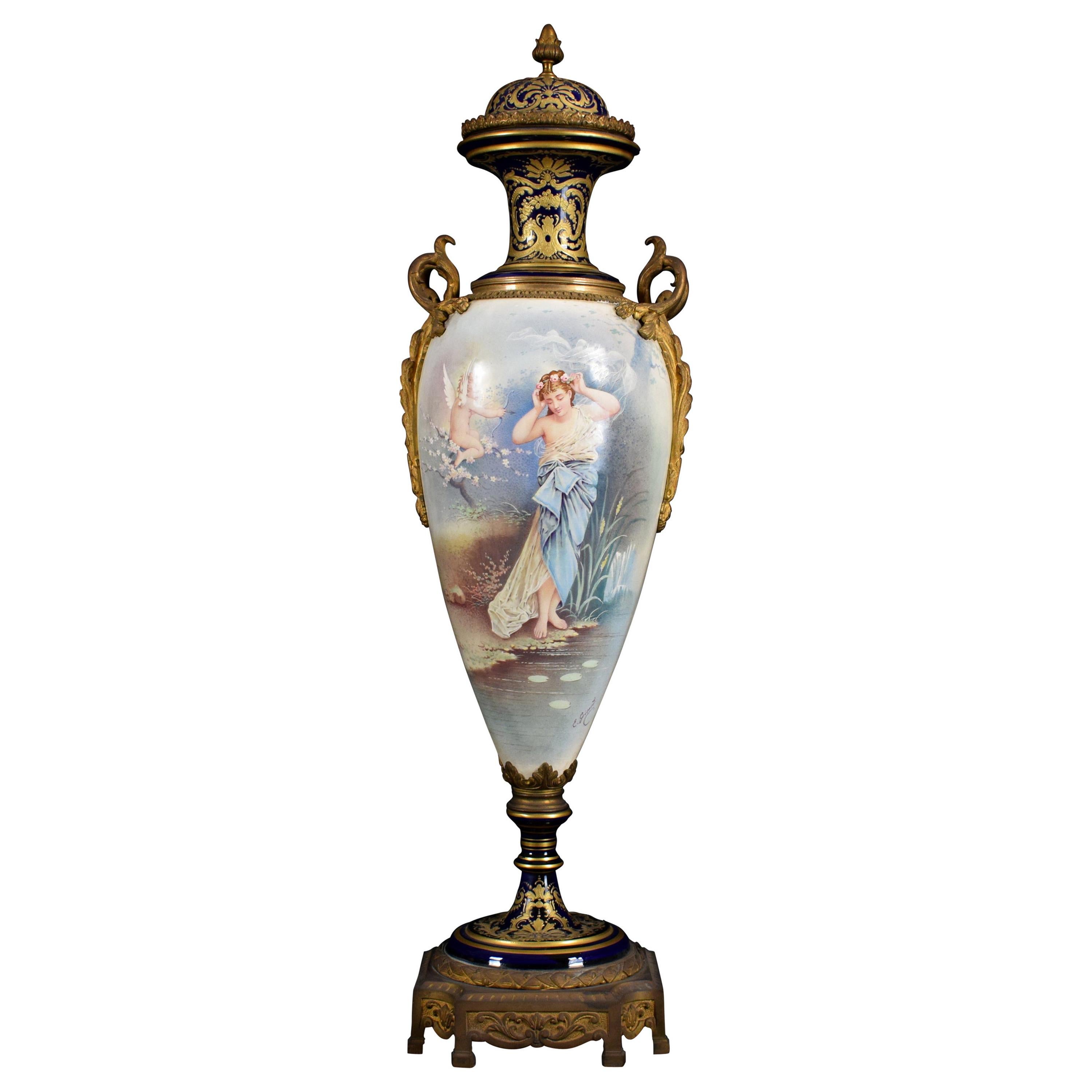 Large Ormolu-Mounted Sèvres Stile Porcelain Cobalt-Blue Vase and Cover