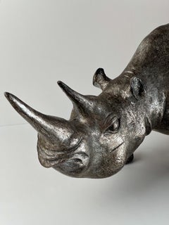 Decorative Rhino Sculpture, Platinum Toned Metallic Finish c 1980s