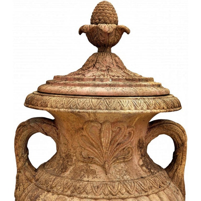 Large Ornamental Terracotta Vase with Base Early 20th Century For Sale