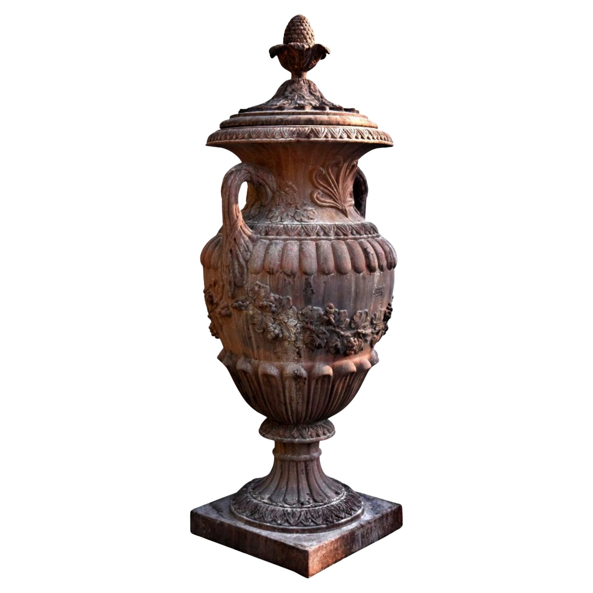 Large Ornamental Terracotta Vase with Grape Branches, Early 20th Century For Sale