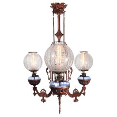 Large Ornate 1800s Cast Iron Three-Arm Oil Chandelier
