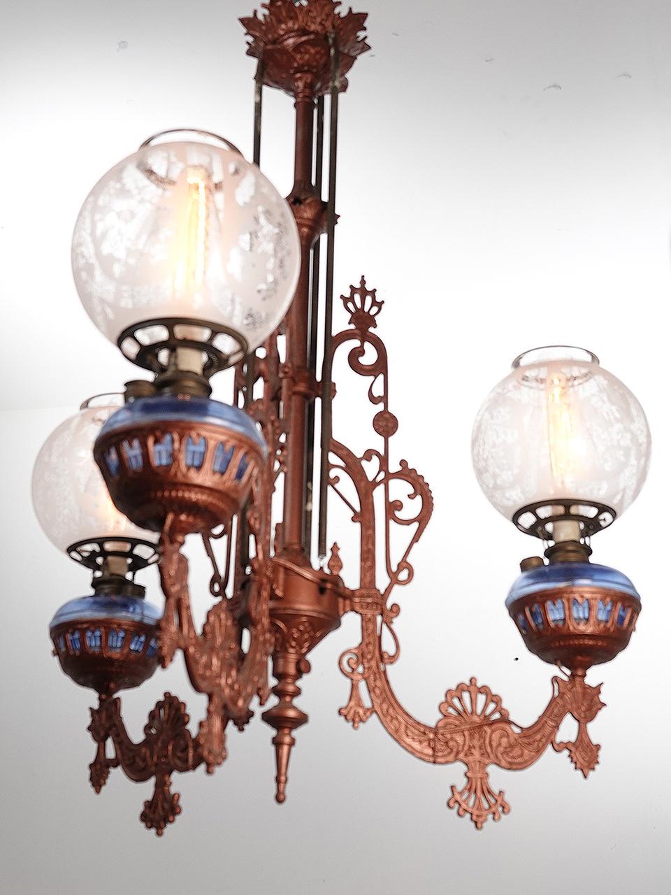 Eastlake Large Ornate 1800s Cast Iron Three-Arm Oil Chandelier For Sale