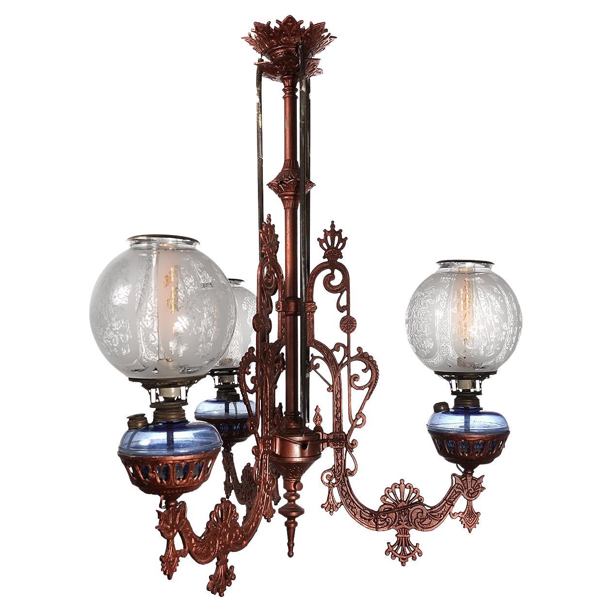 Large Ornate 1800s Cast Iron Three-Arm Oil Chandelier
