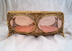 Large Ornate Antique French Ormolu Beveled Glass Jewelry Casket Dresser Box
