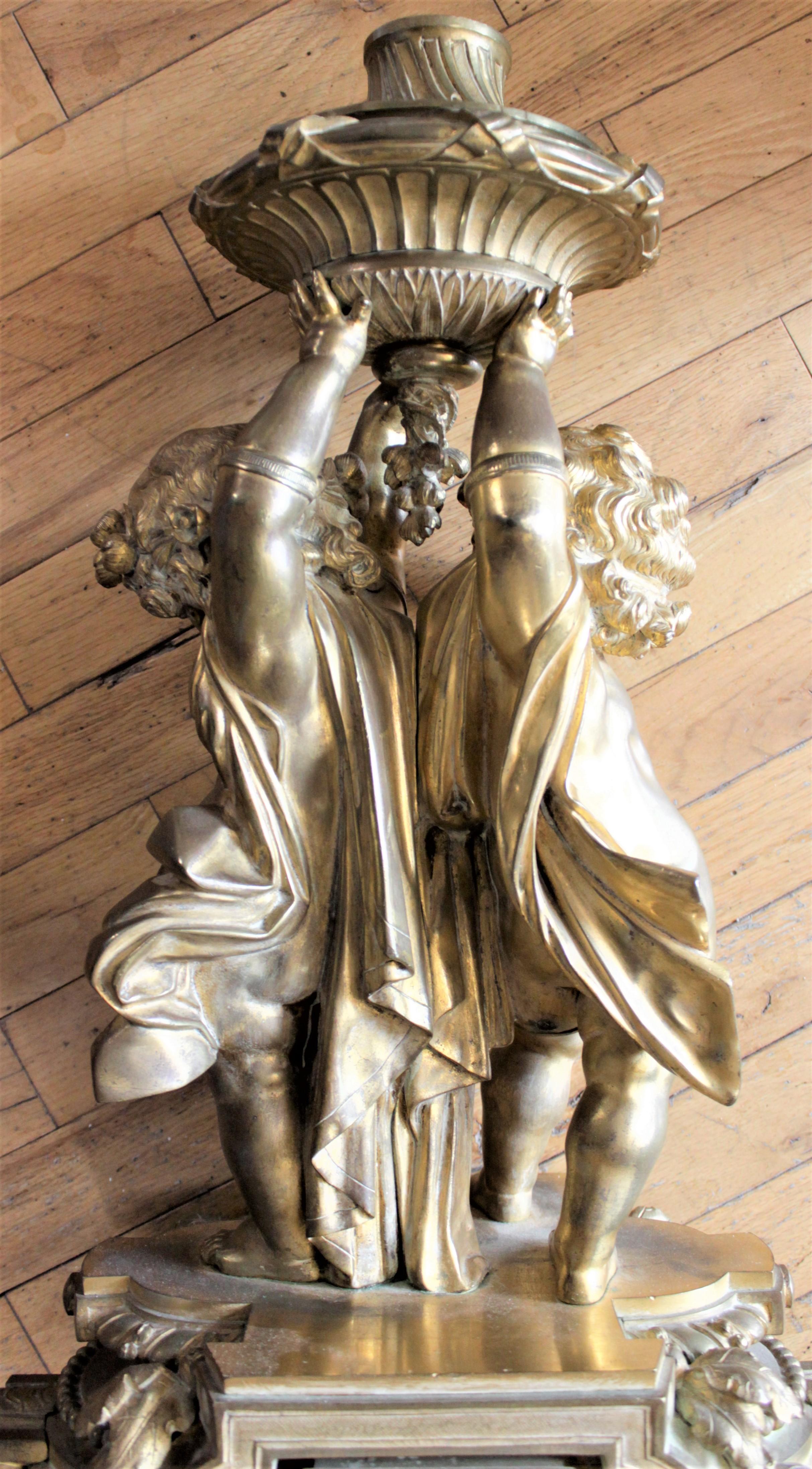 Large Ornate Antique French Solid Gilt Bronze Candelabra with Figural Base 4