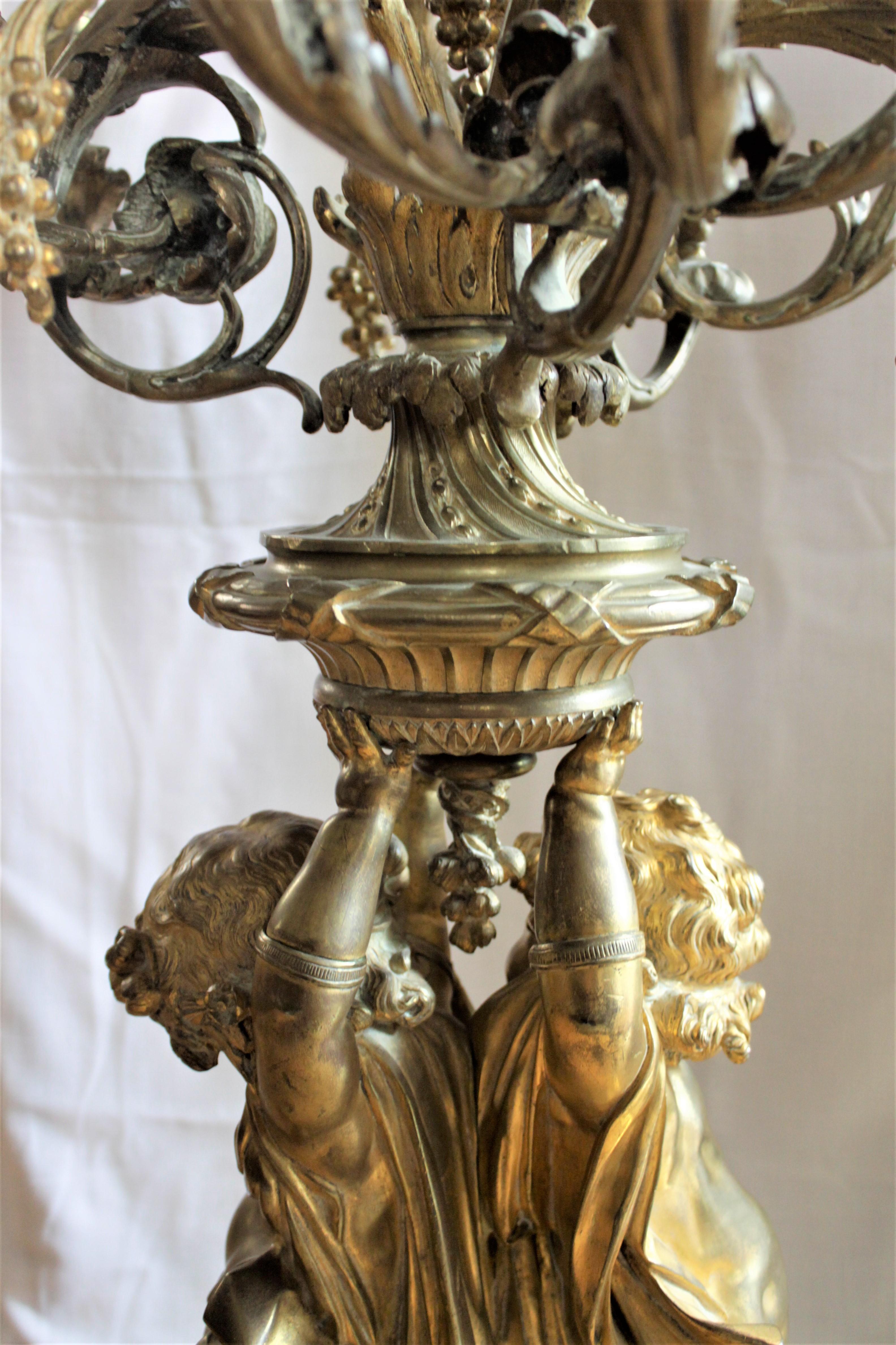 Large Ornate Antique French Solid Gilt Bronze Candelabra with Figural Base 5