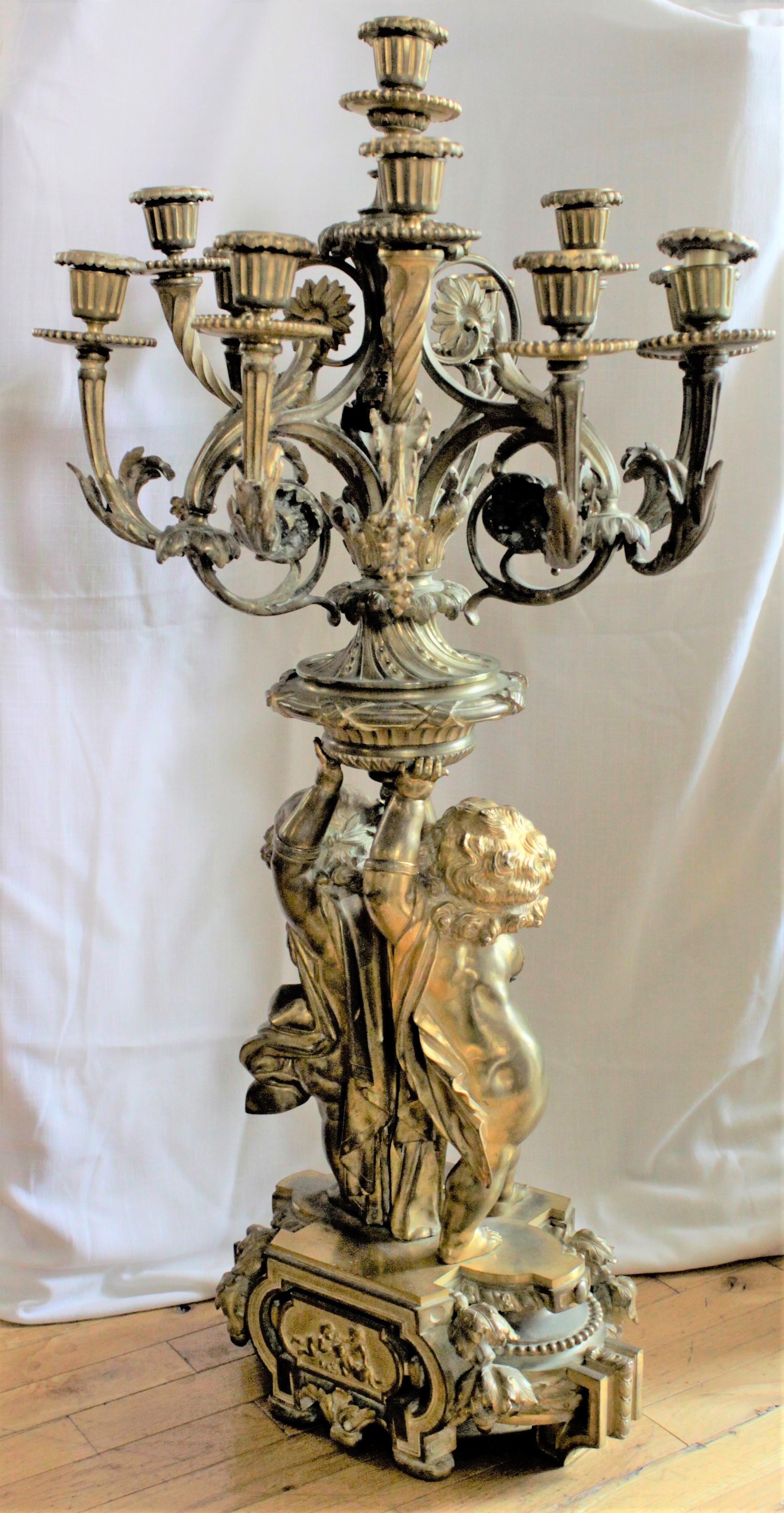 Louis Philippe Large Ornate Antique French Solid Gilt Bronze Candelabra with Figural Base