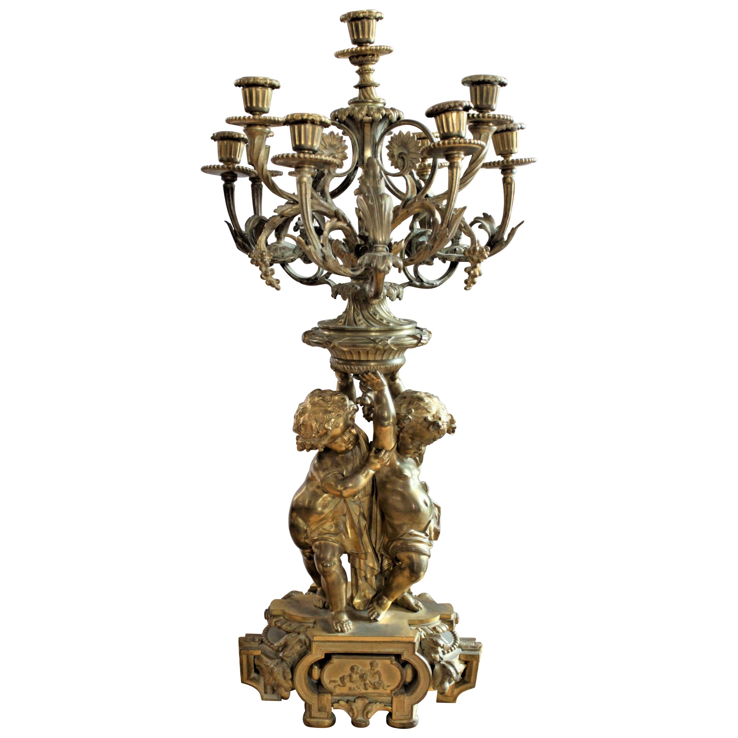 Large Ornate Antique French Solid Gilt Bronze Candelabra with Figural Base