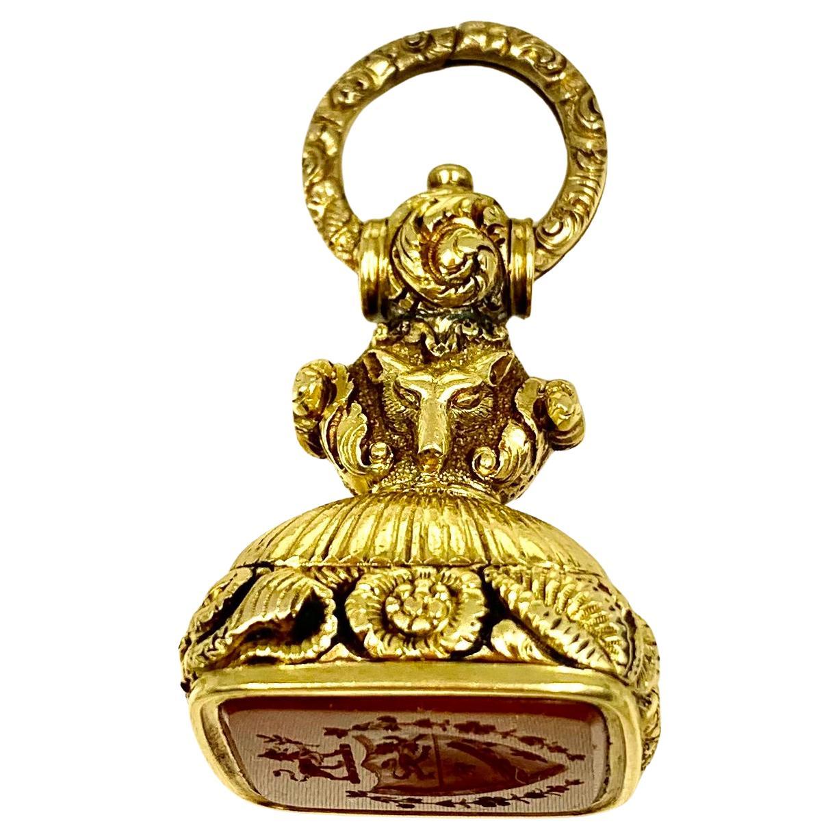 Grand pendentif orné en or 15K de cornaline en intaille à motif de renard, de style géorgien ancien