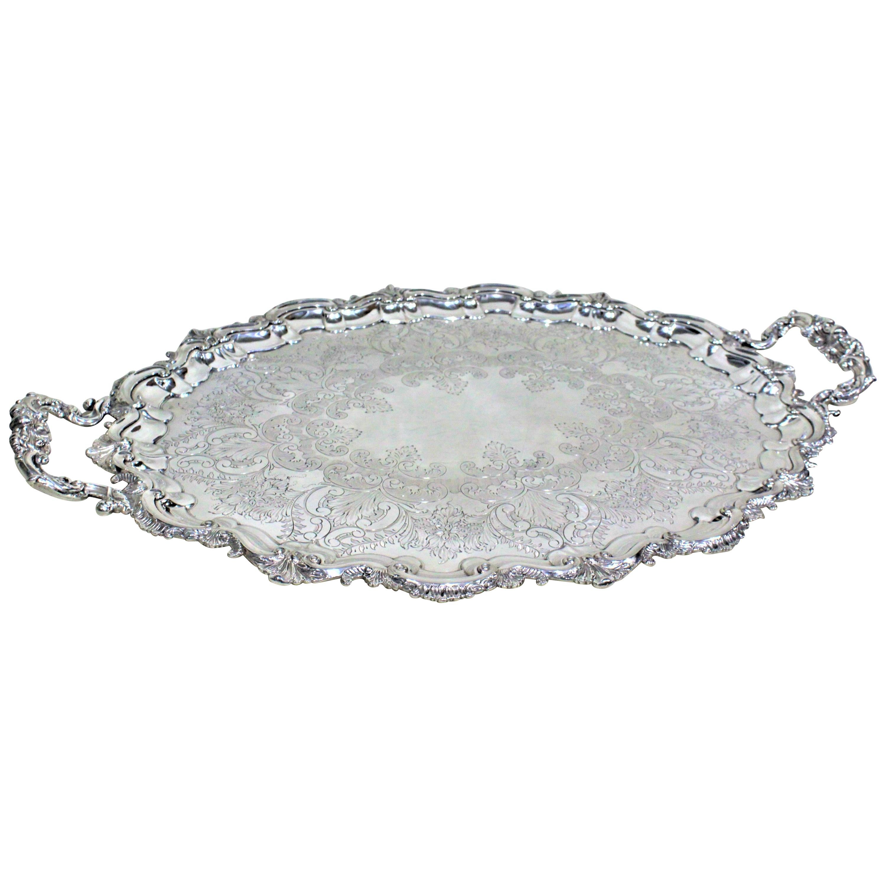 Antique Victorian Styled Scalloped Oval Silver Plated Engraved Serving