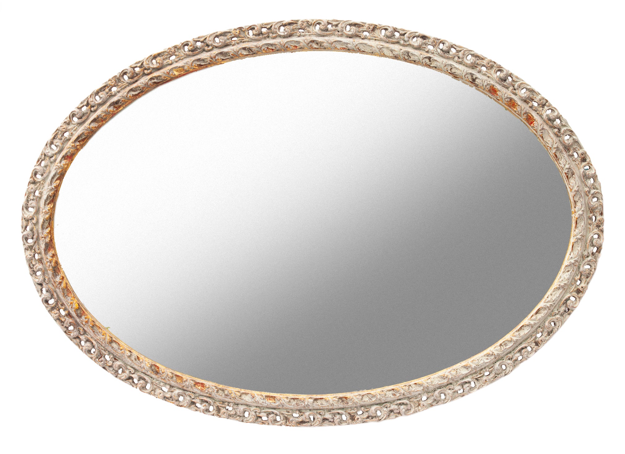 Vintage European oval Hollywood Regency style framed mirror with fretwork throughout.
Original mirror, finished with new backing & wired to hang horizontally or vertically. Circa 1960's, 
A beautiful statement piece for the foyer, master bath or