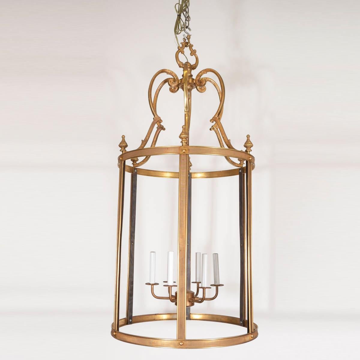 Mid-Century Modern Large Ornate Brass Lantern Style Pendant For Sale