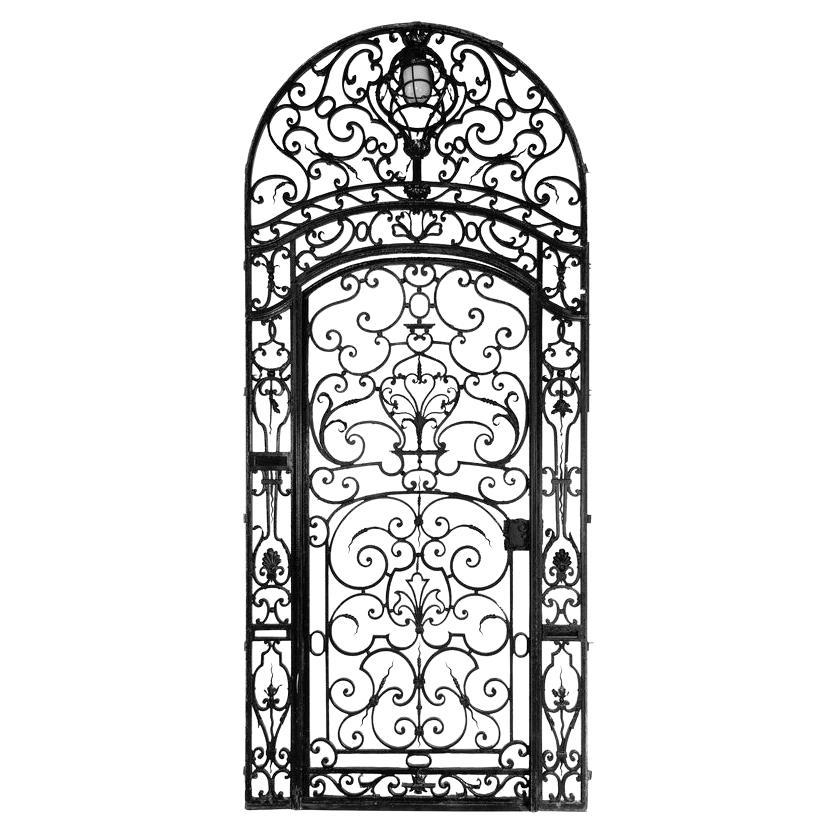 Large Ornate Early 19th Century Wrought Iron Gate with Light For Sale