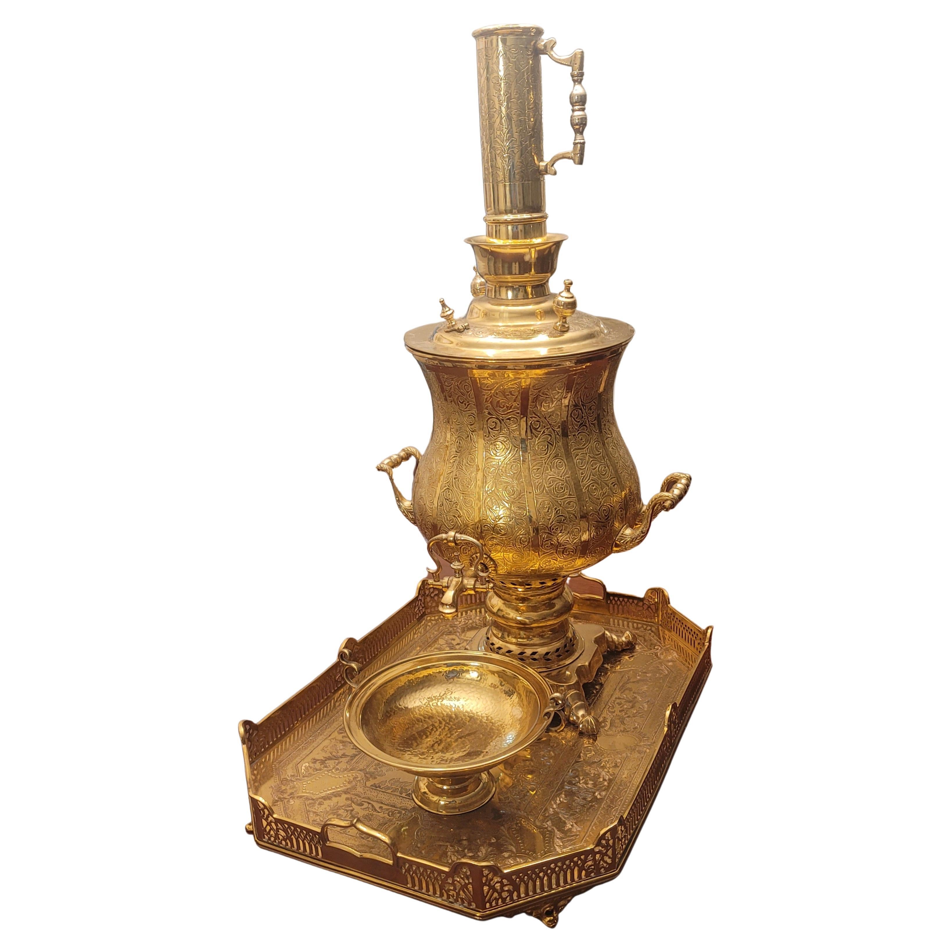Mid-Century Modern Large Ornate Engraved and Polished Brass Decorative Samovar Set For Sale