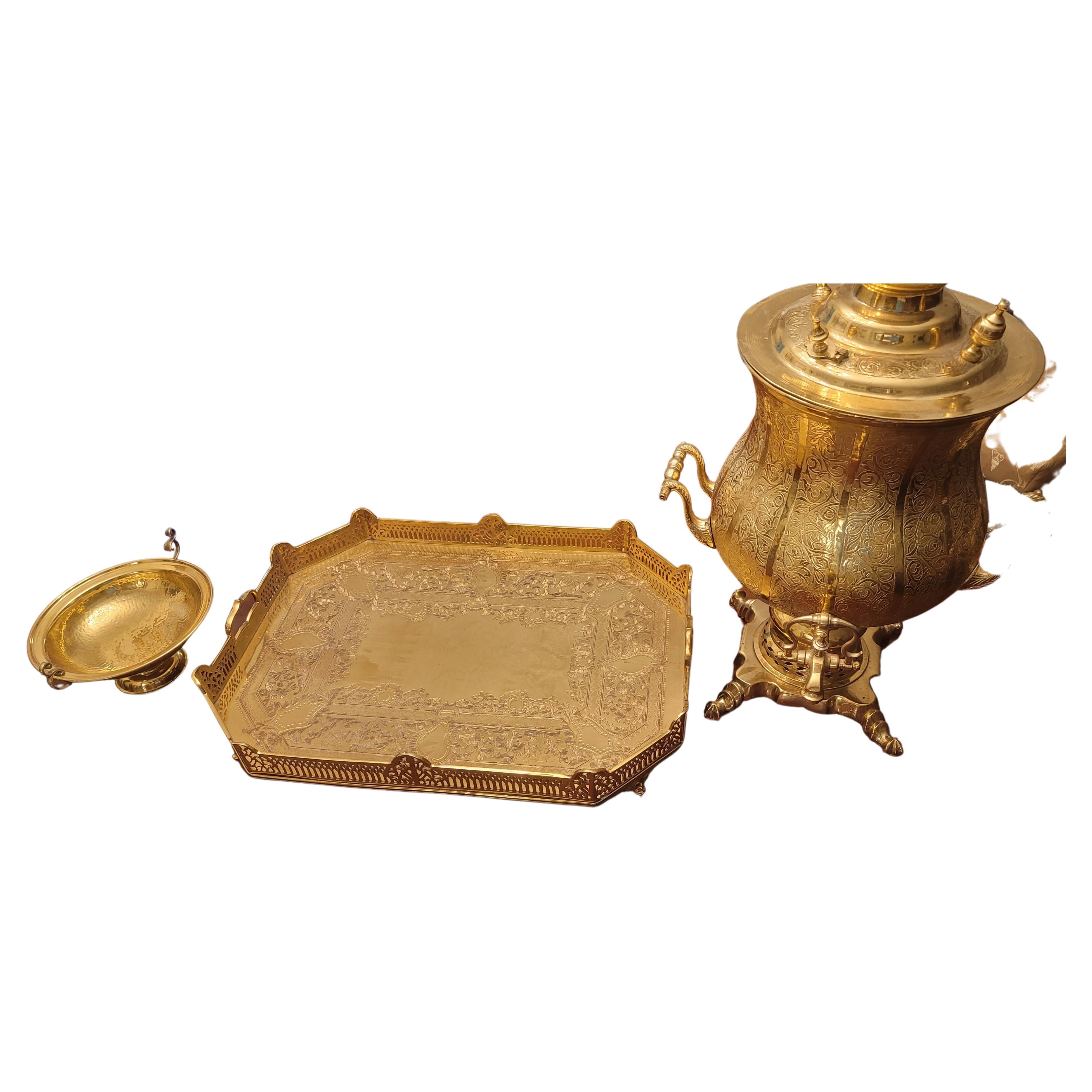20th Century Large Ornate Engraved and Polished Brass Decorative Samovar Set For Sale