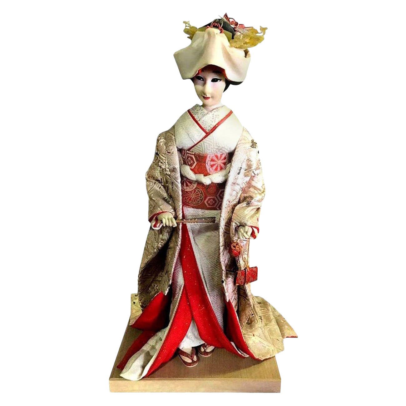 Large Ornate Japanese Geisha Doll on Wood Display Stand