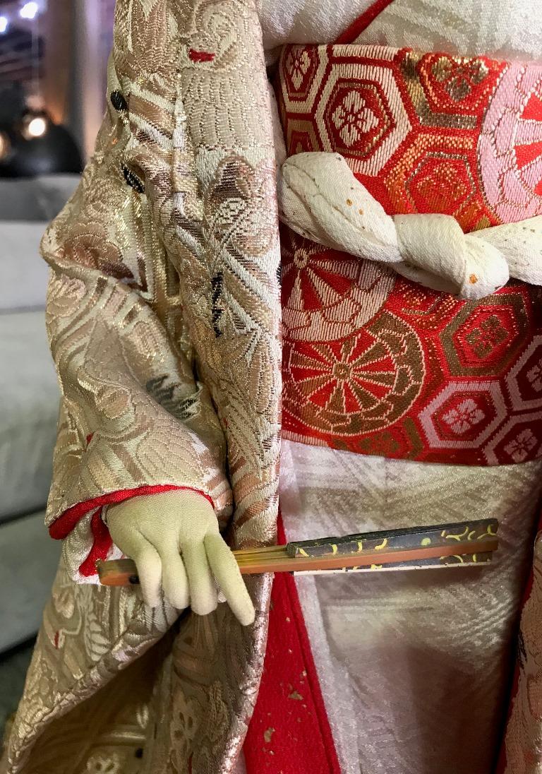 Showa Large Ornate Japanese Geisha Doll on Wood Display Stand For Sale