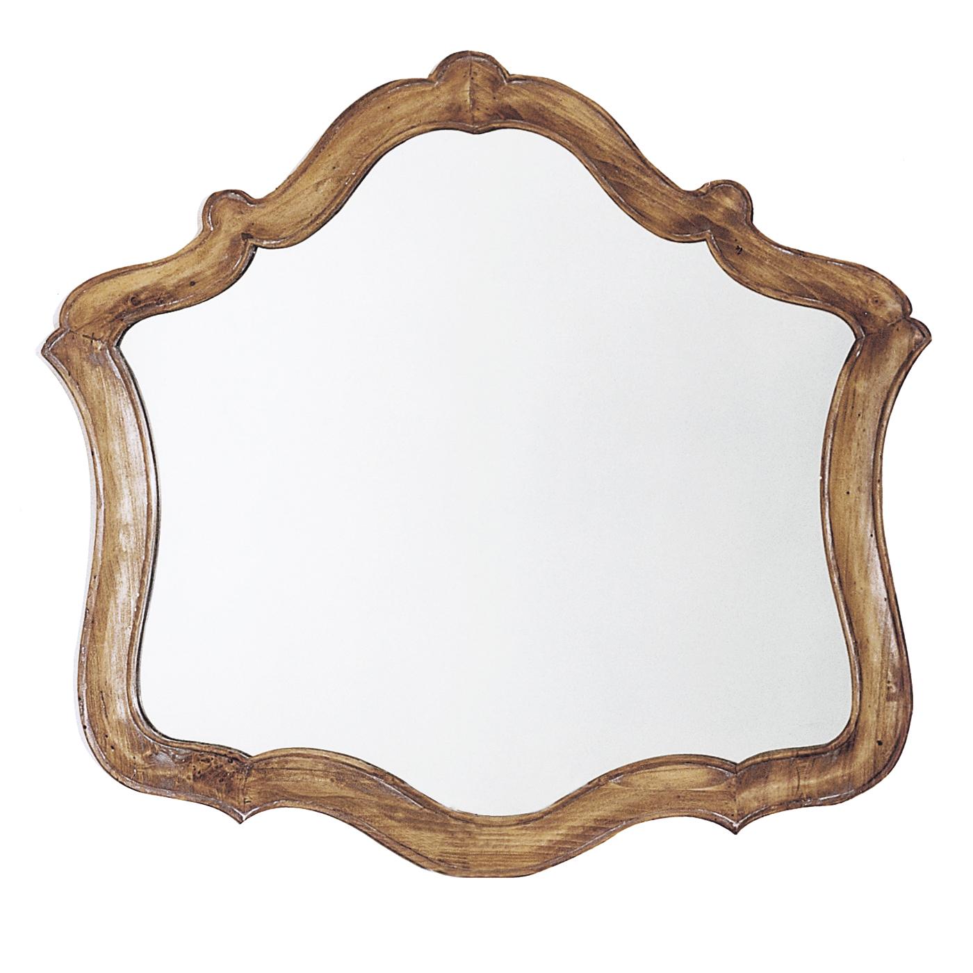 The delicate curves that form the sinuous silhouette of this mirror frame lend it an elegant and Classic allure that boasts the centuries-old tradition of its masterful craftsmanship. Entirely carved of wood, the frame was given a natural finish
