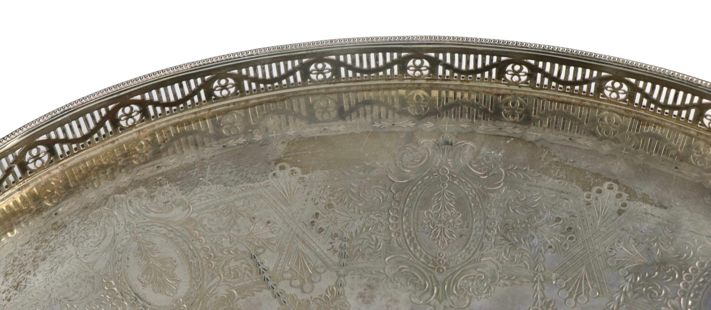 Large Ornate Oval Footed Victorian Silver Plate Tray with Gallery and Handles For Sale 7