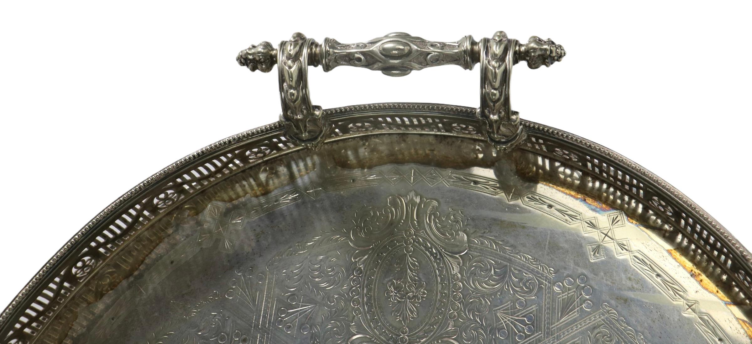Large Ornate Oval Footed Victorian Silver Plate Tray with Gallery and Handles For Sale 8