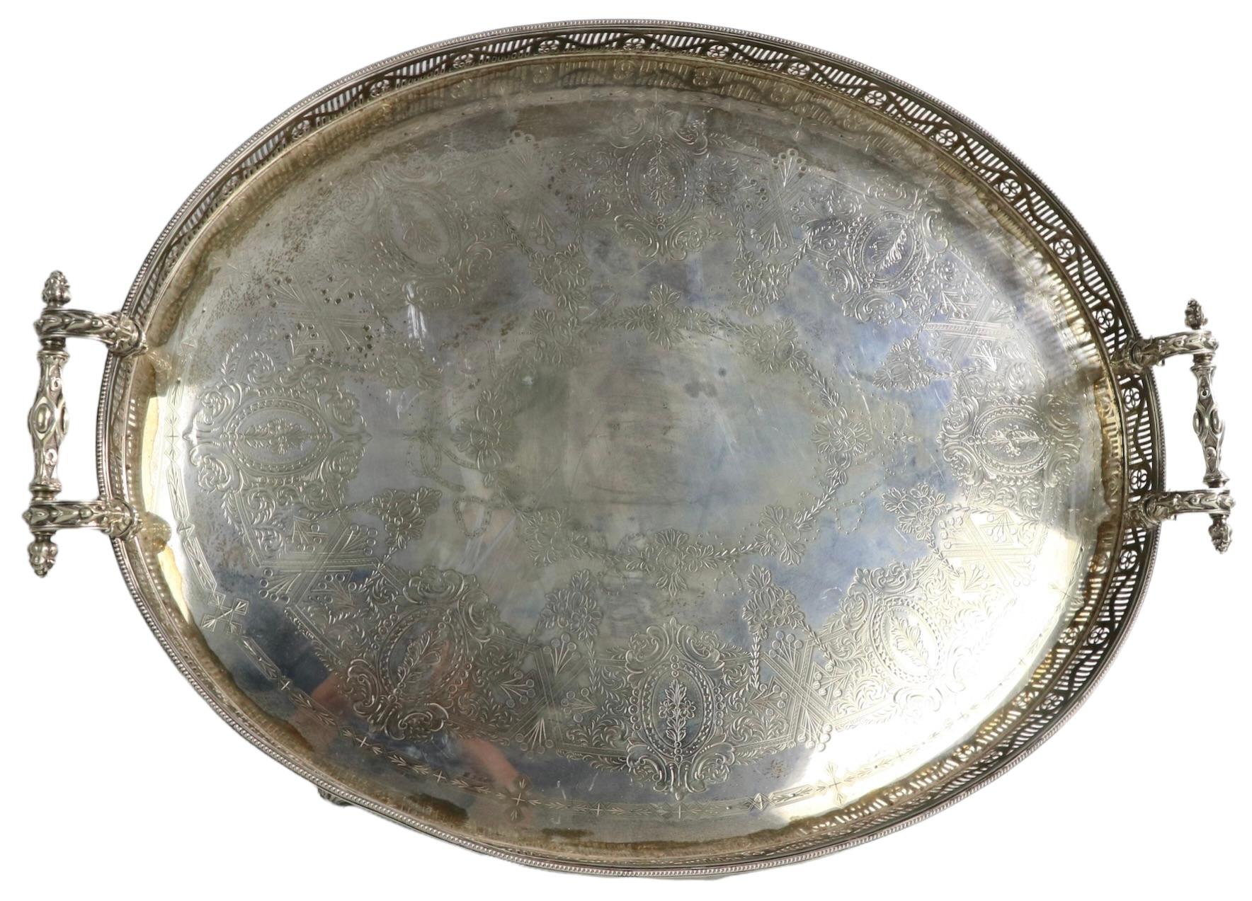 Large Ornate Oval Footed Victorian Silver Plate Tray with Gallery and Handles For Sale 10