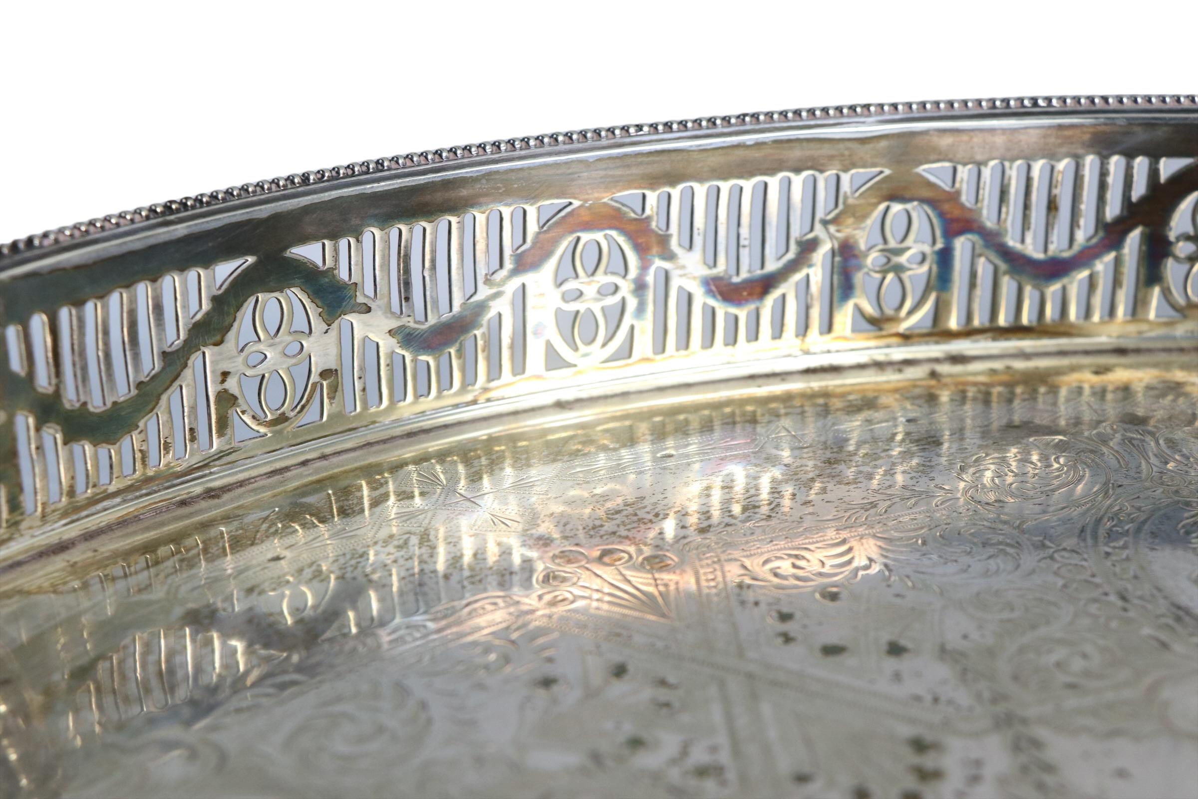 Large Ornate Oval Footed Victorian Silver Plate Tray with Gallery and Handles In Good Condition For Sale In New York, NY