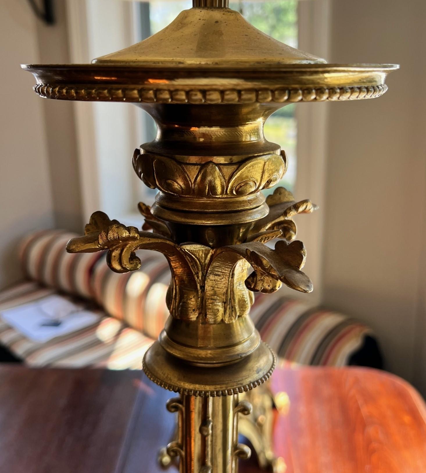 Large Ornate Pair of Gothic Revival Jeweled Bronze Lamps with Linen Drum Shades In Good Condition For Sale In Morristown, NJ