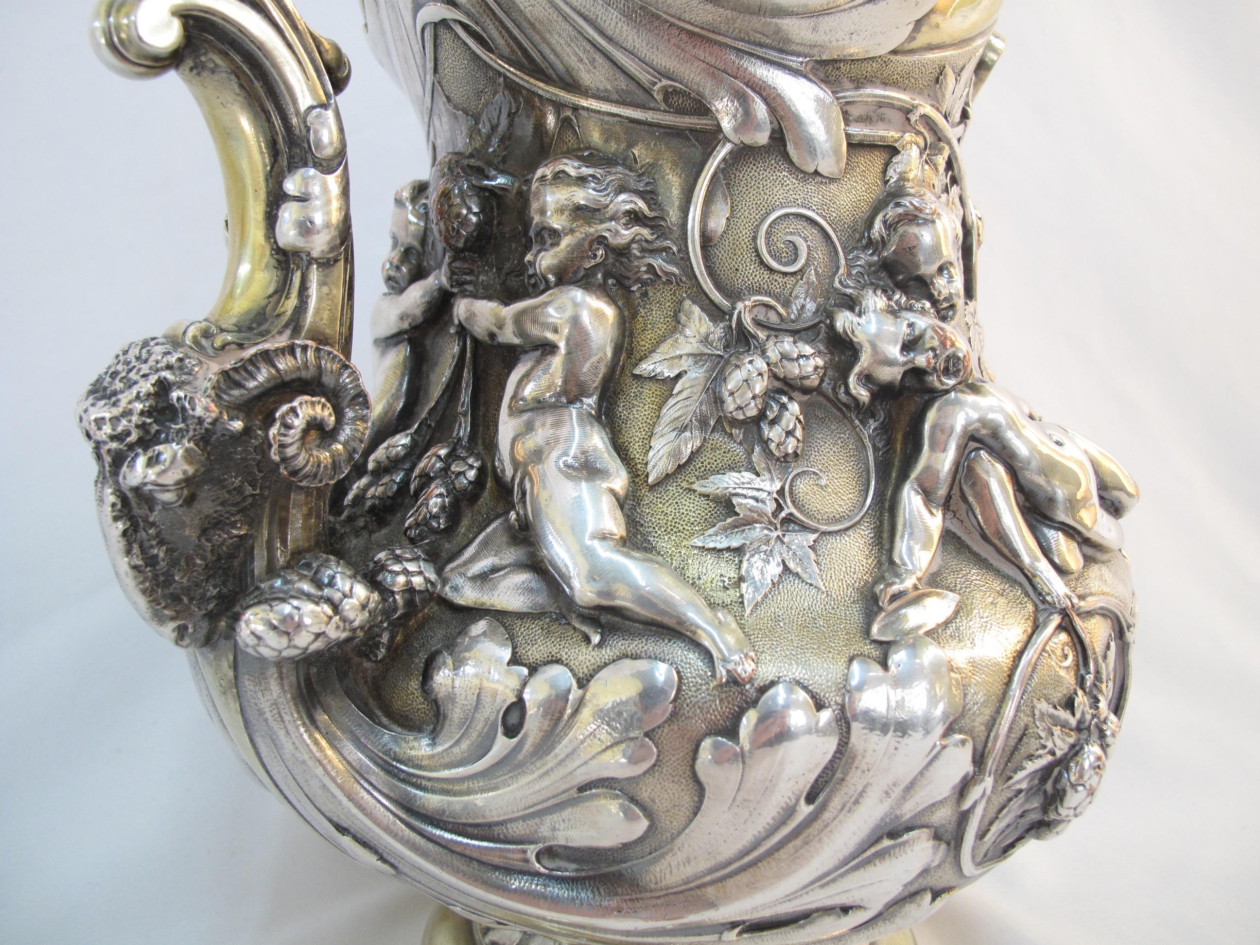 Large Ornate Putti Cavorting Among Hops Repousse Pitcher Elkington 19th Century For Sale 2