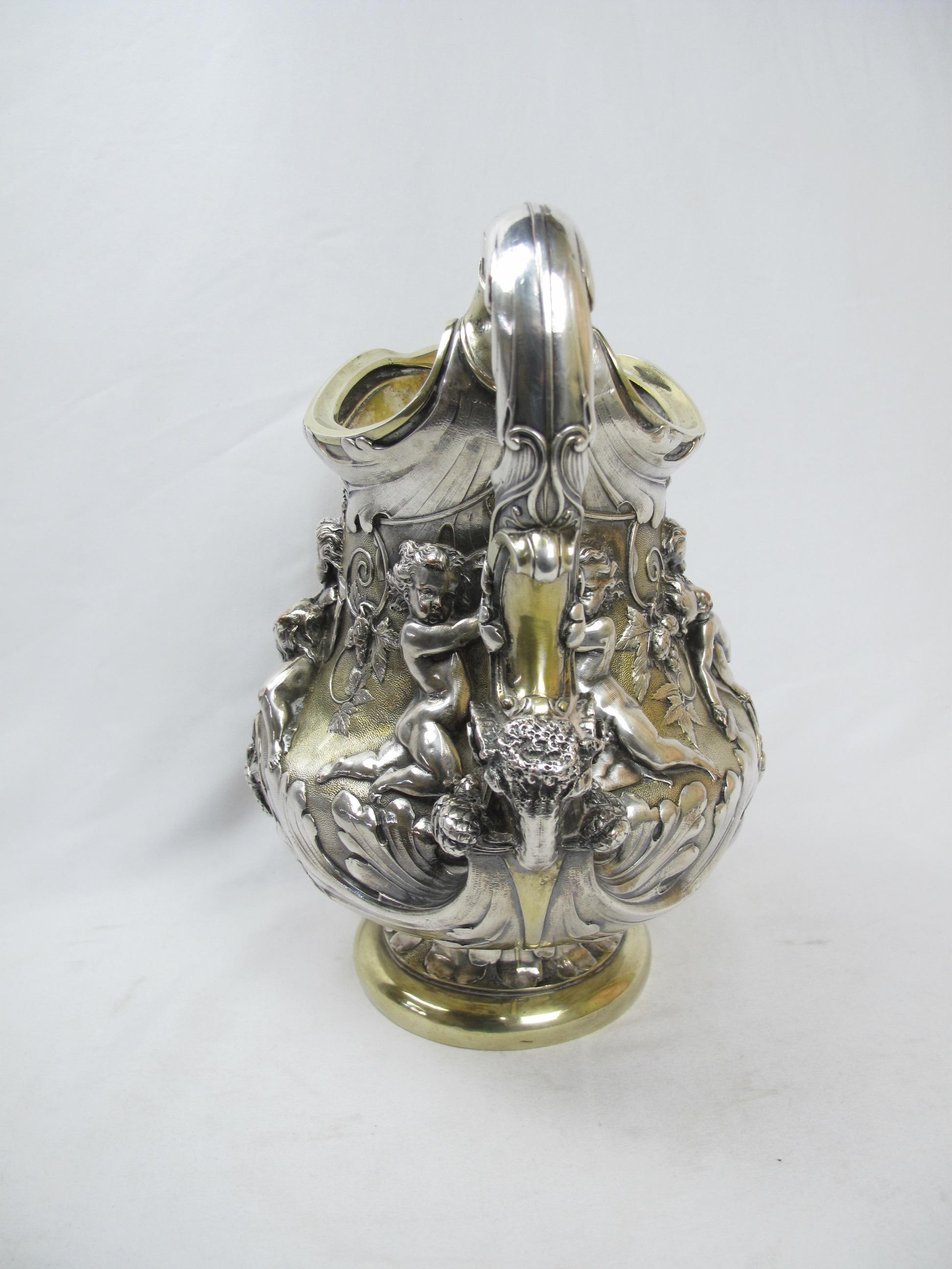 English Large Ornate Putti Cavorting Among Hops Repousse Pitcher Elkington 19th Century For Sale