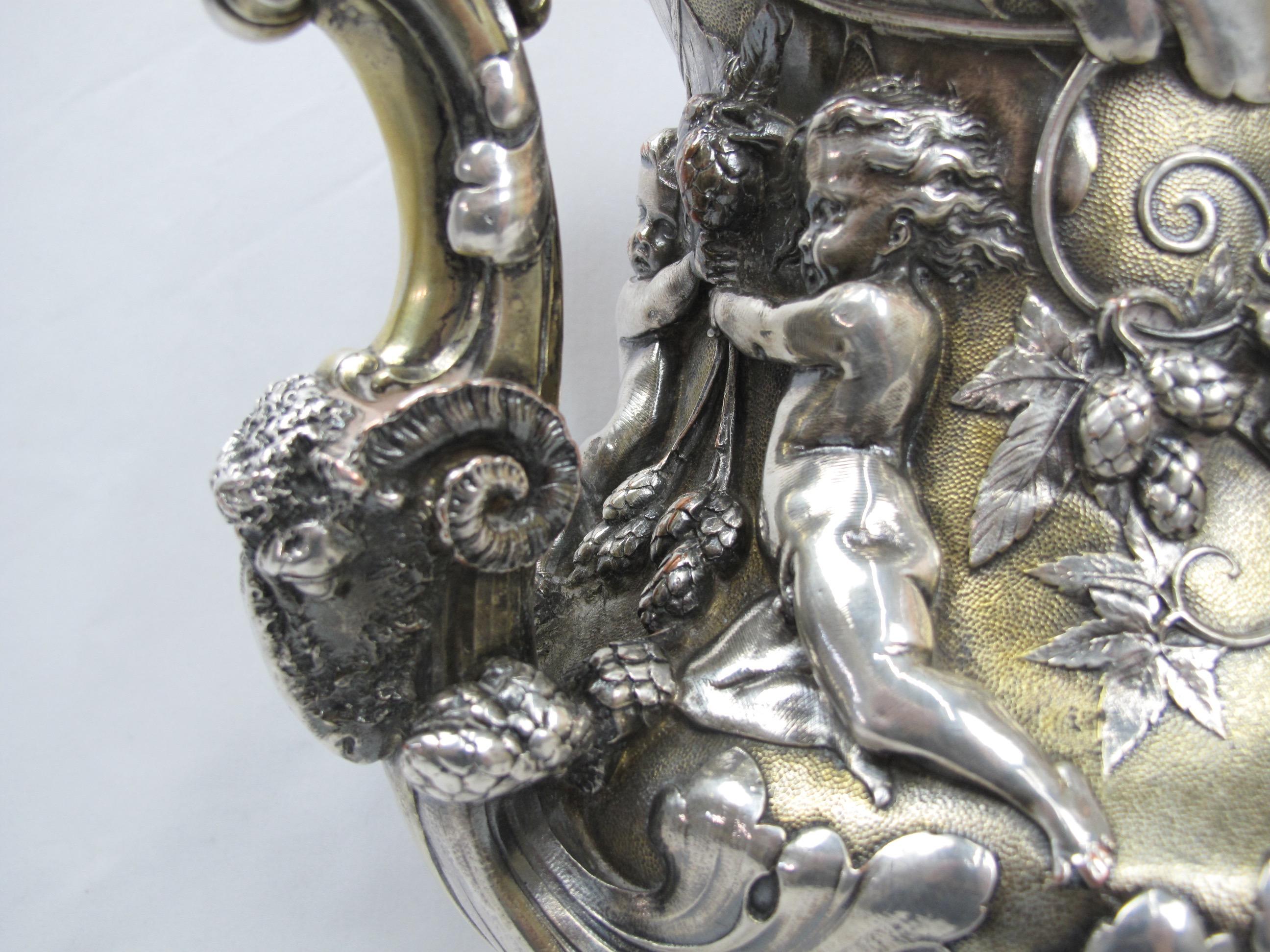 Large Ornate Putti Cavorting Among Hops Repousse Pitcher Elkington 19th Century For Sale 4