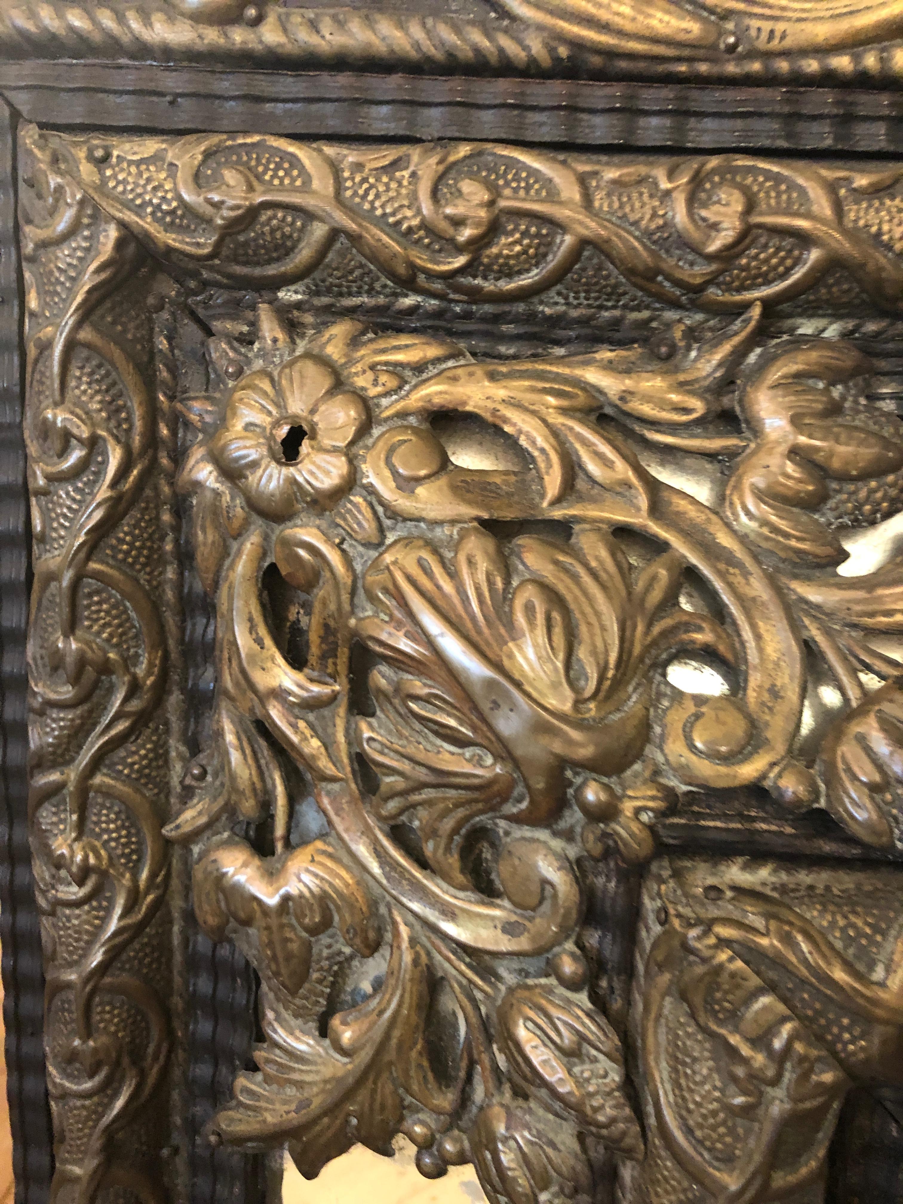 Napoleon III Large Ornate Repousee Brass and Ebonized Cushion Mirror