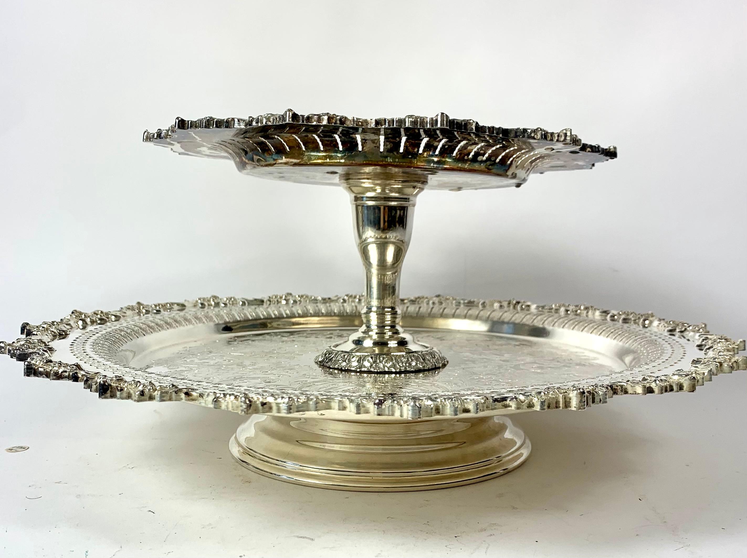 Large Ornate Silver Plate Two Tier Lazy Susan Centerpiece In Good Condition In Miami Beach, FL