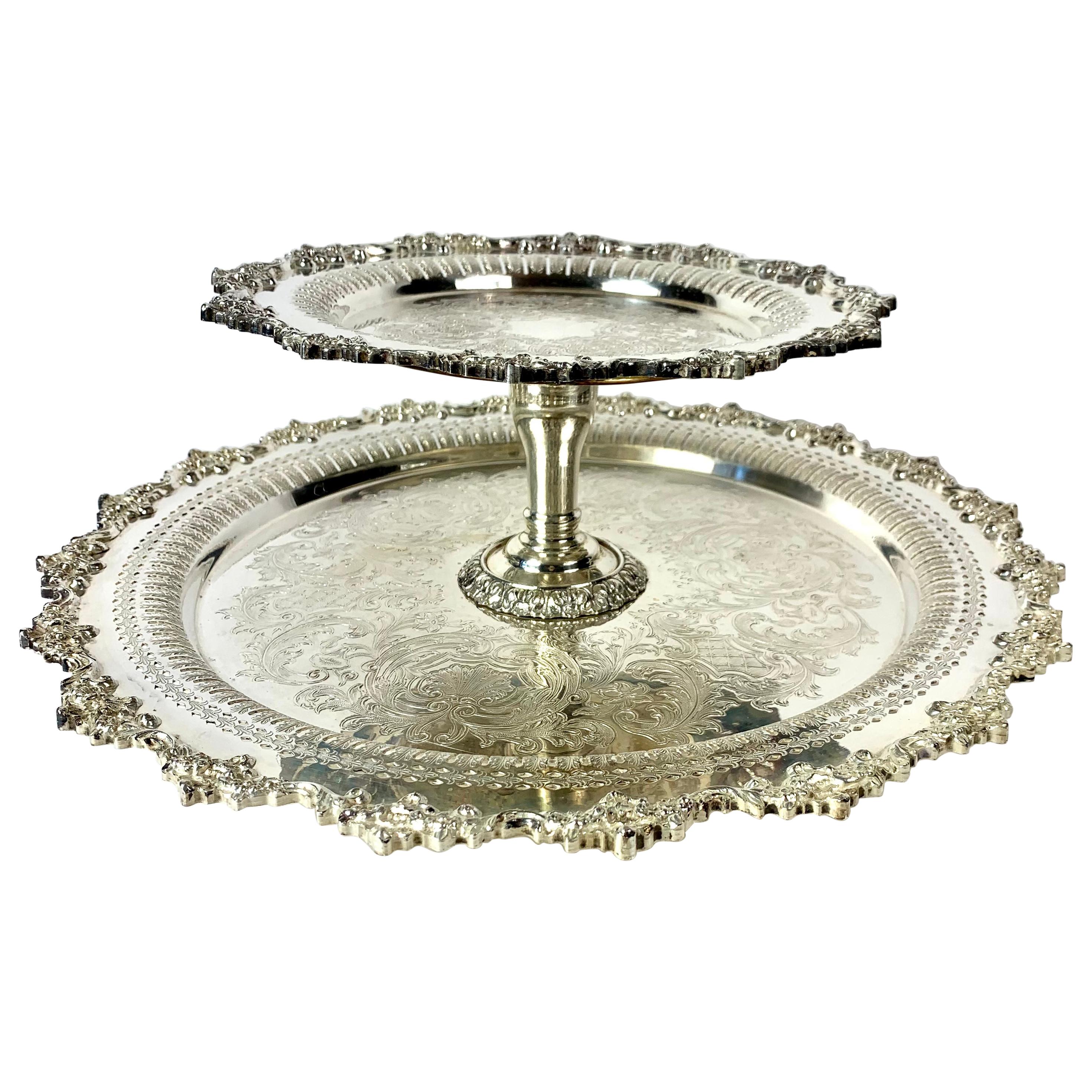 Large Ornate Silver Plate Two Tier Lazy Susan Centerpiece
