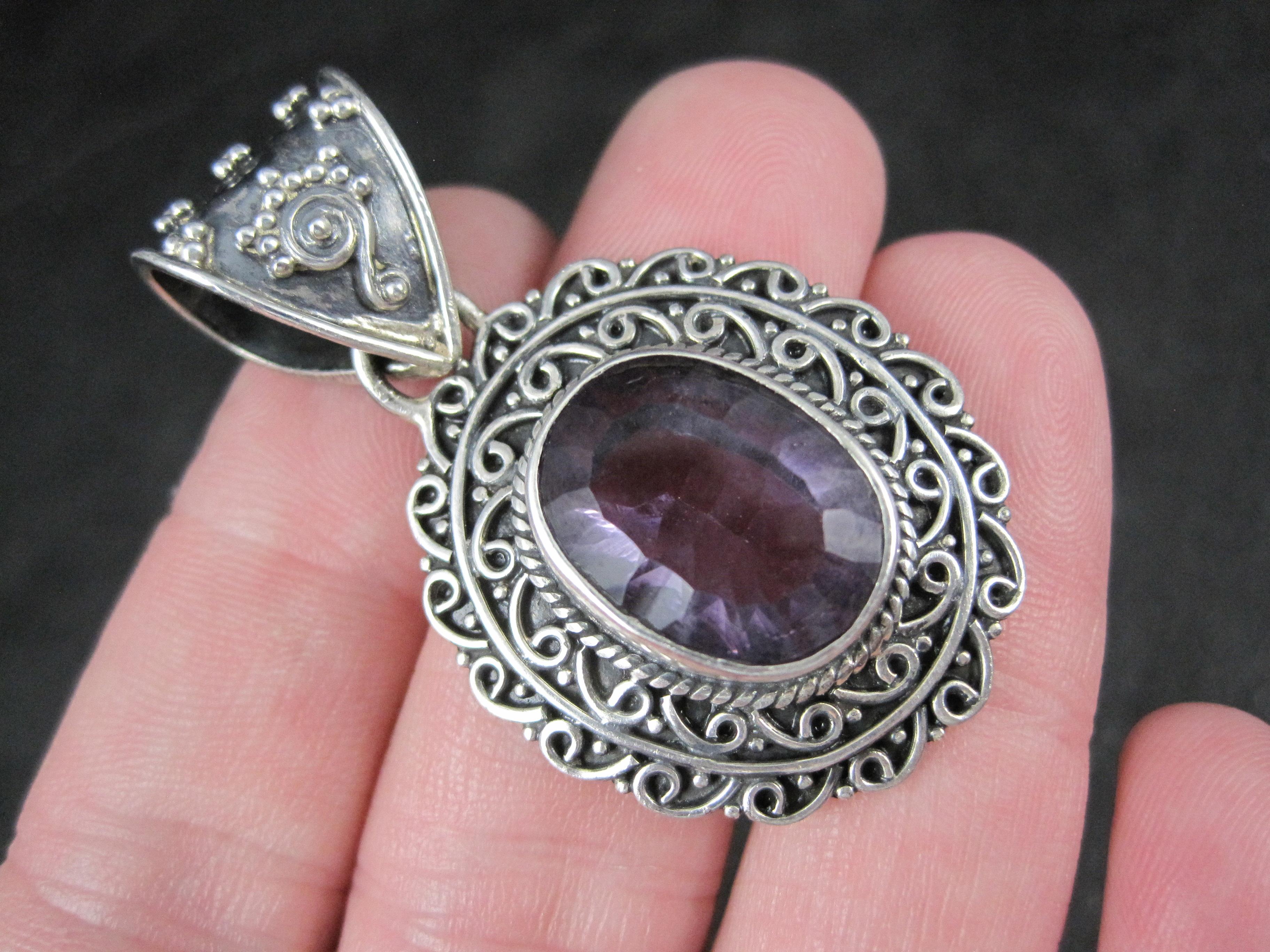 Large Ornate Sterling Silver 6 Carat Amethyst Pendant For Sale 4