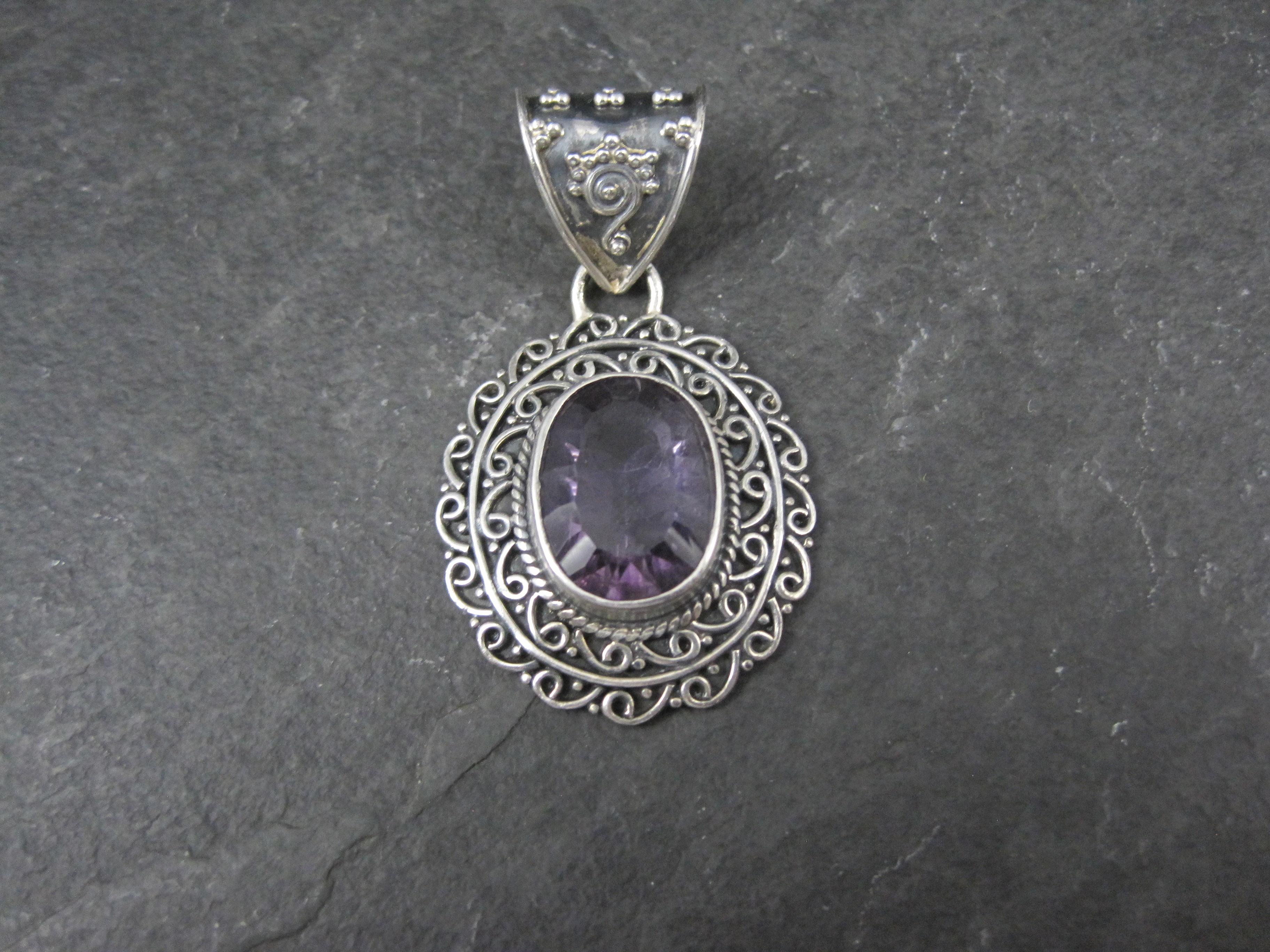 Large Ornate Sterling Silver 6 Carat Amethyst Pendant For Sale 5