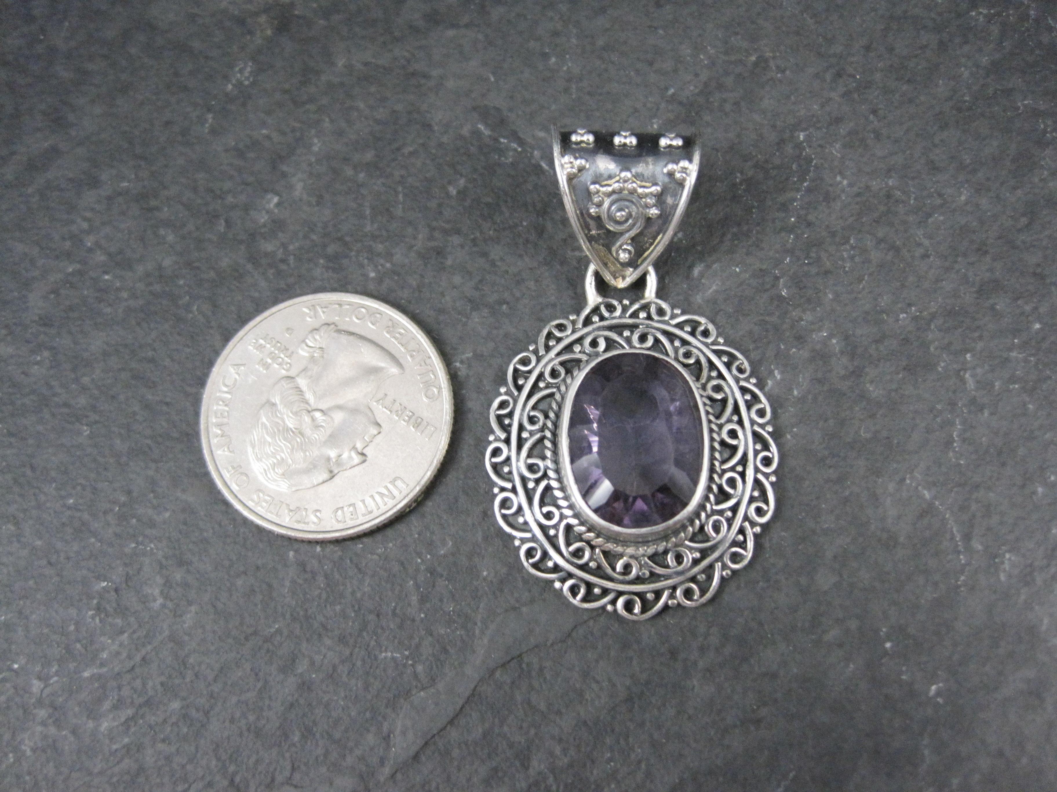Modern Large Ornate Sterling Silver 6 Carat Amethyst Pendant For Sale