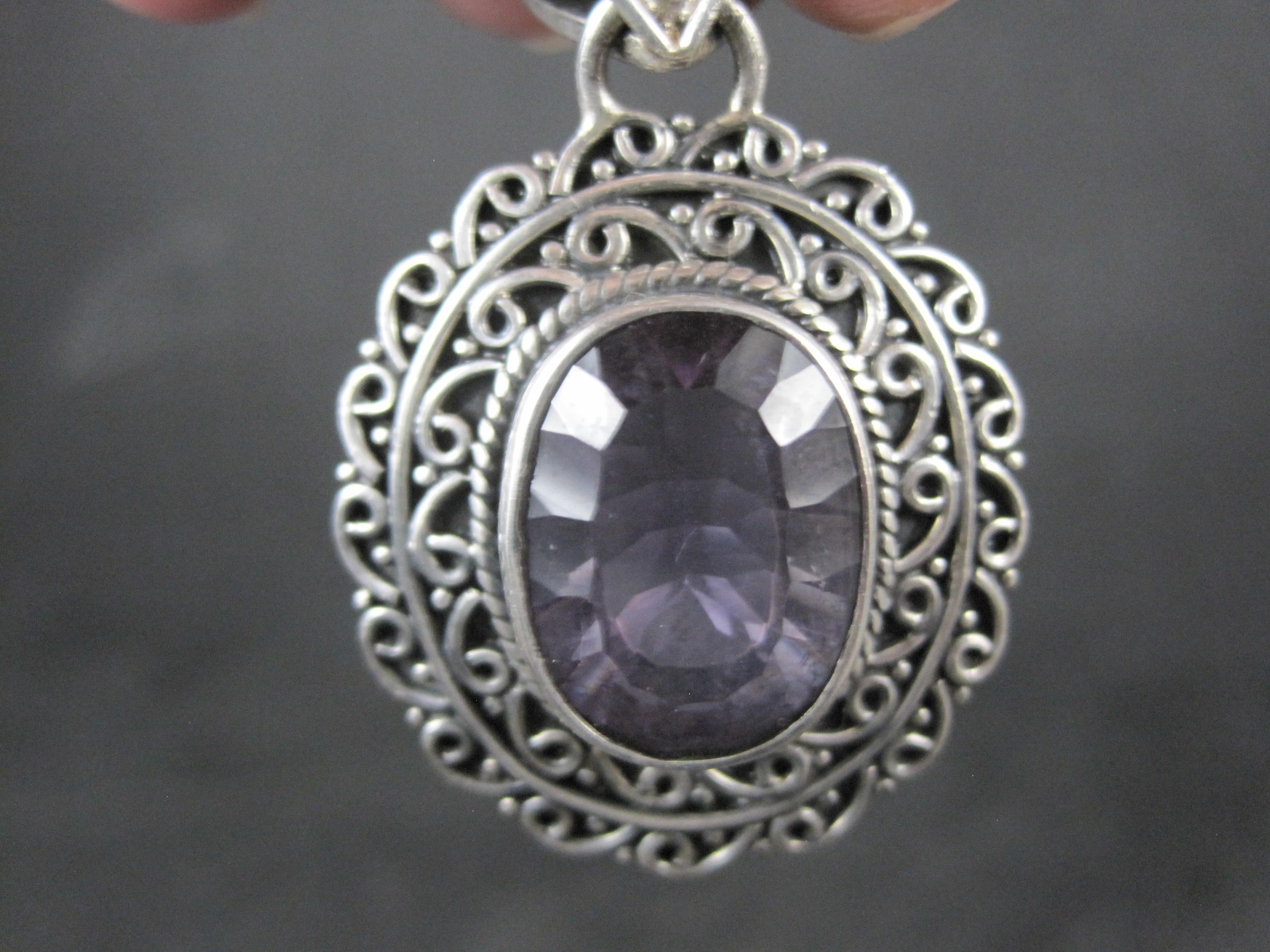Oval Cut Large Ornate Sterling Silver 6 Carat Amethyst Pendant For Sale