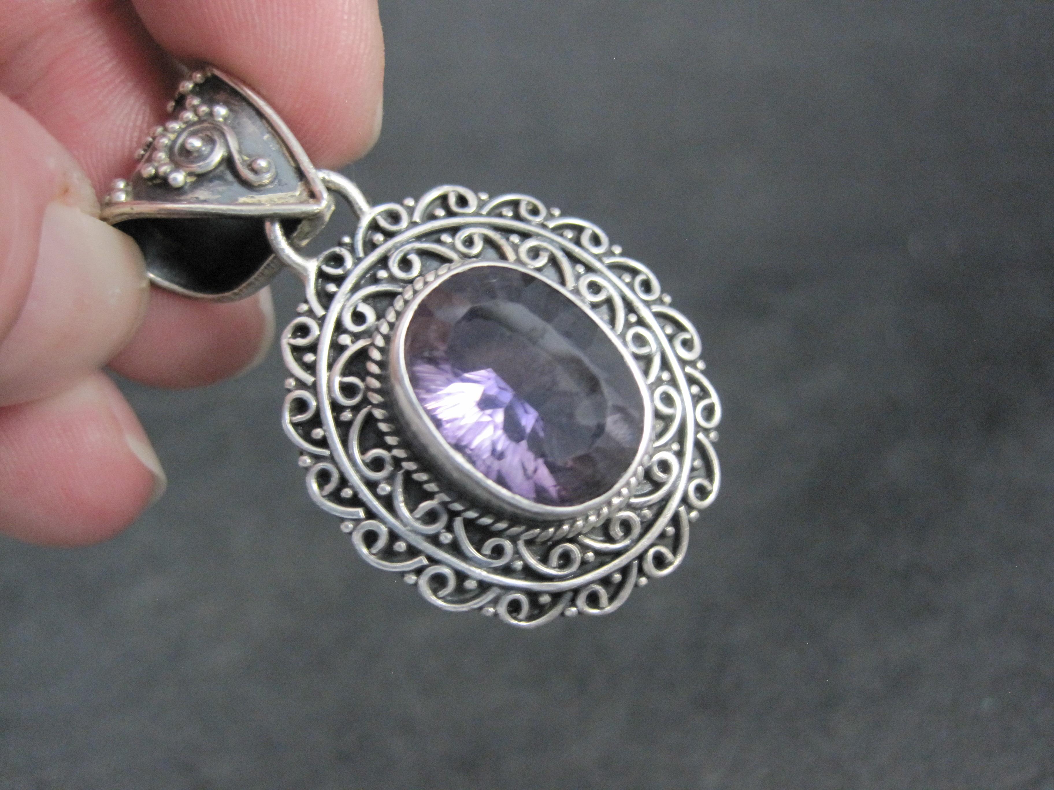Large Ornate Sterling Silver 6 Carat Amethyst Pendant In Excellent Condition For Sale In Webster, SD