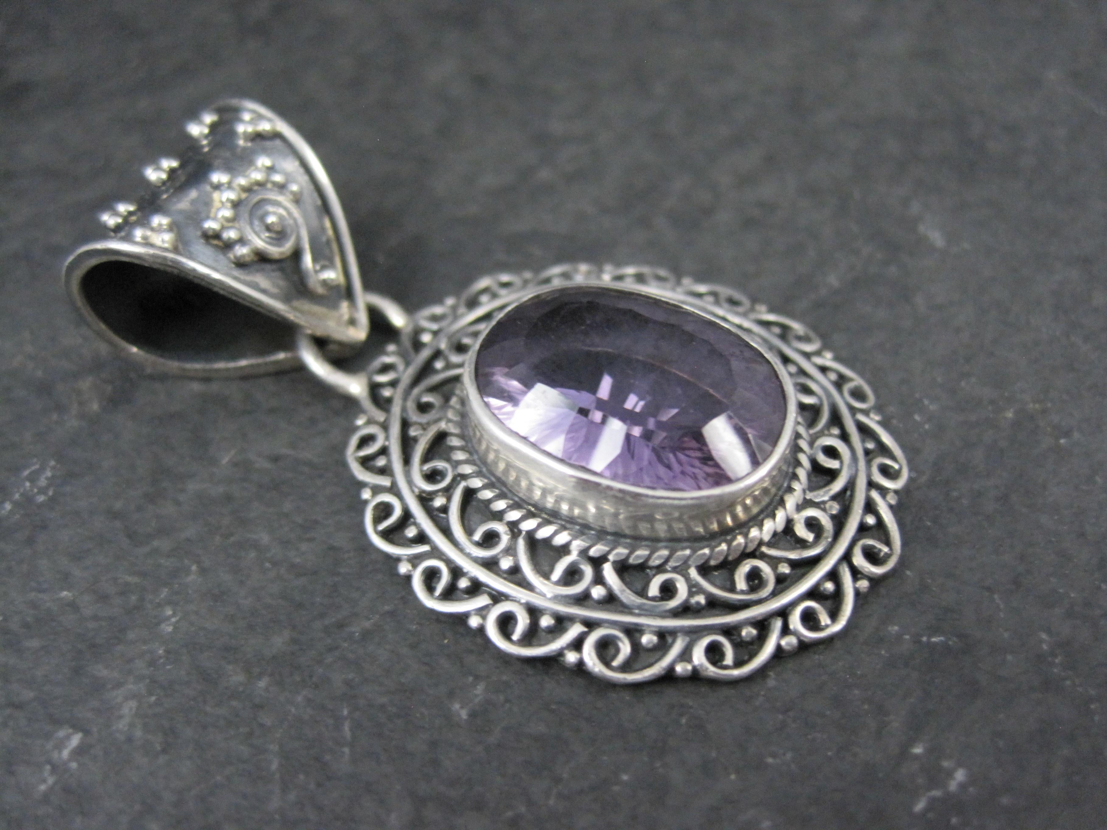 Large Ornate Sterling Silver 6 Carat Amethyst Pendant For Sale 1